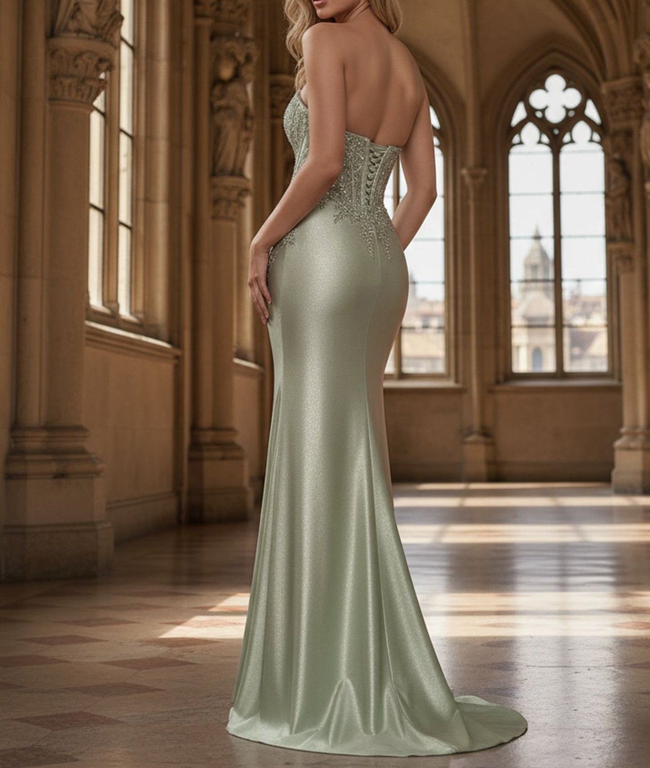 Strapless Hand Beading Lace Up Ruched Illusion Bodice Mermaid Prom Dress With Slit - Olive Green