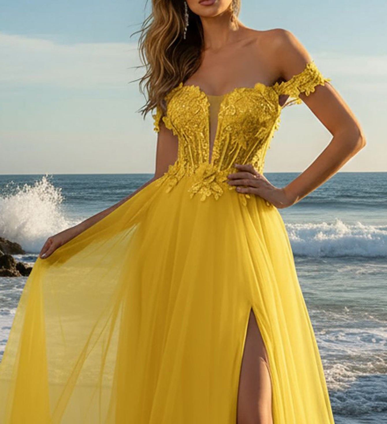 Hand Made Floral Beaded Prom Dress With Split - Yellow