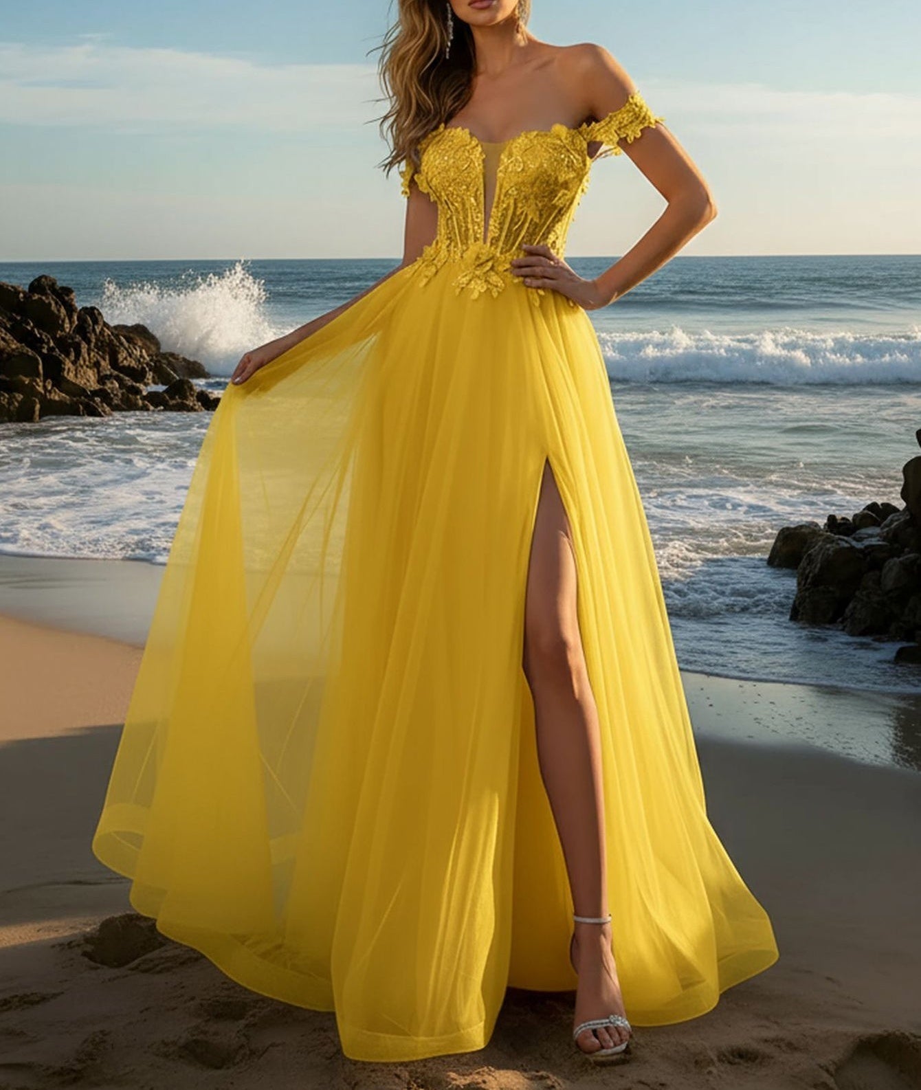 Hand Made Floral Beaded Prom Dress With Split - Yellow