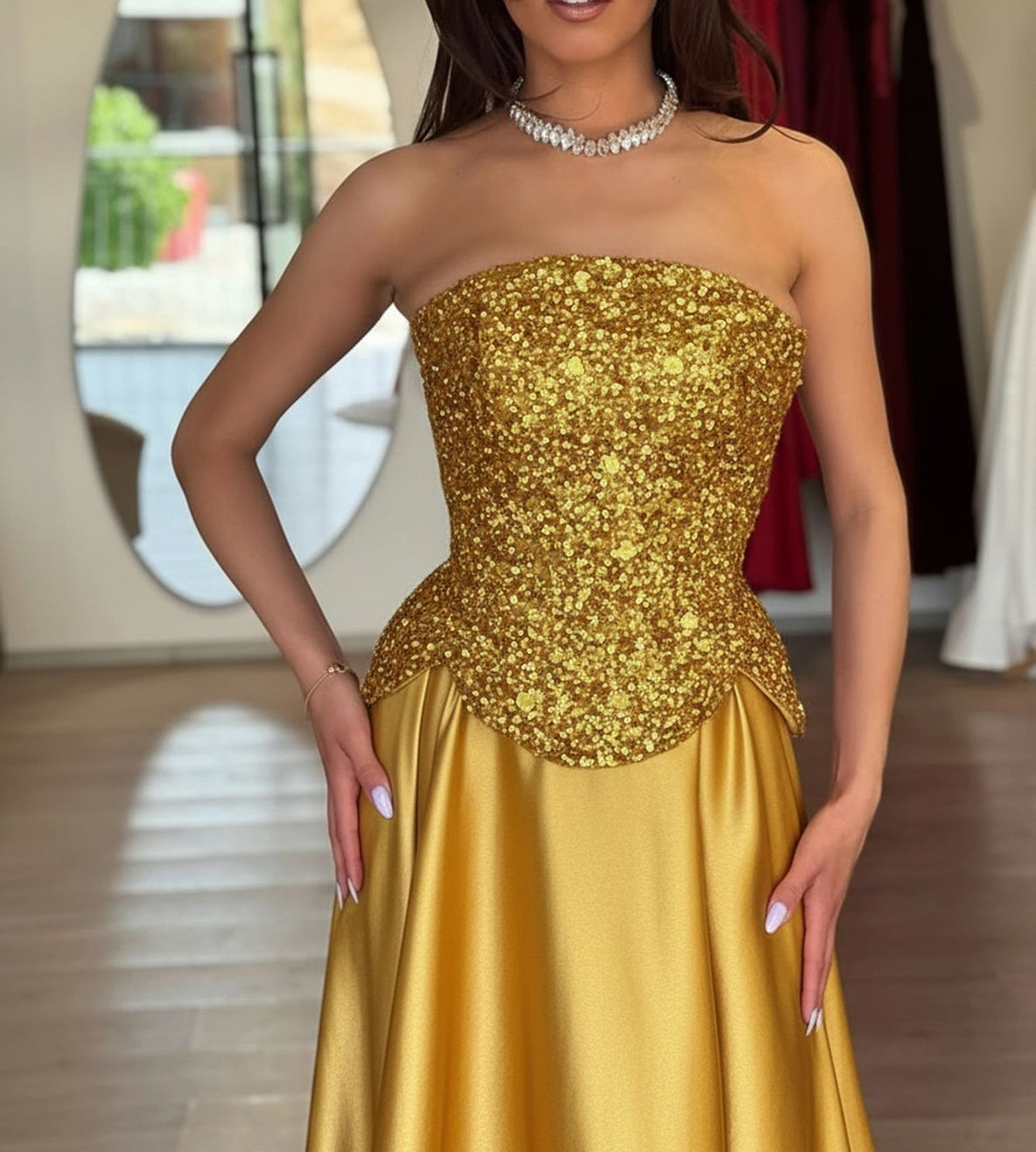 Crystal Two Pieces A-Line Strapless Long Prom Dress - Gold