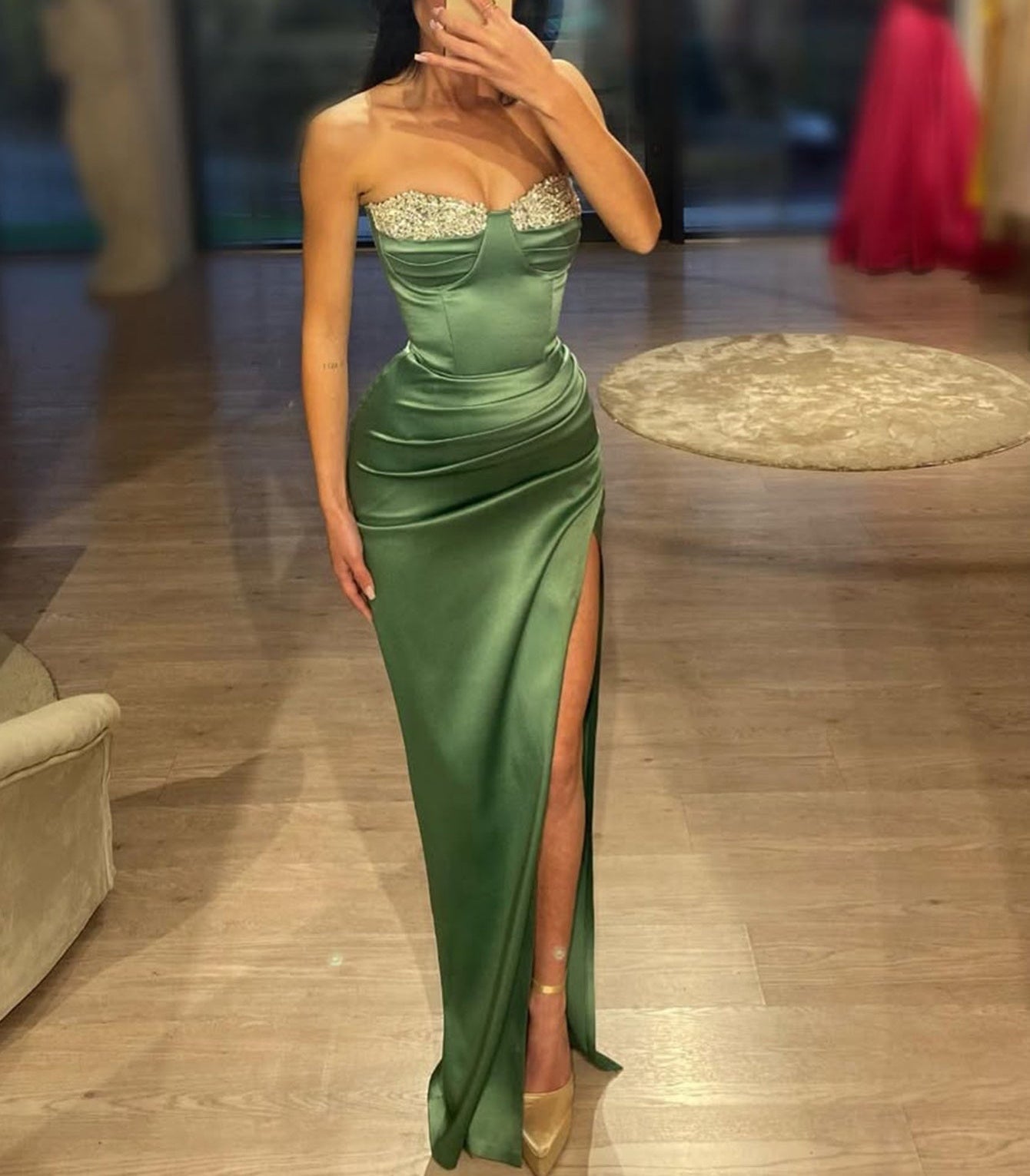 Detachable Strap Crystal Ruched Sheath Long Prom Dress - Sage Green