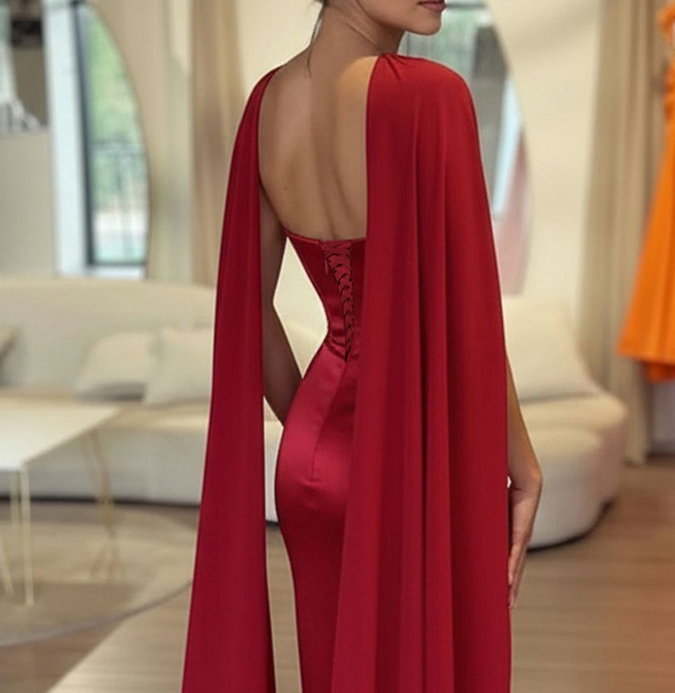 Removable Shawl Crystal Strapless Sheath Long Prom Dress - Red