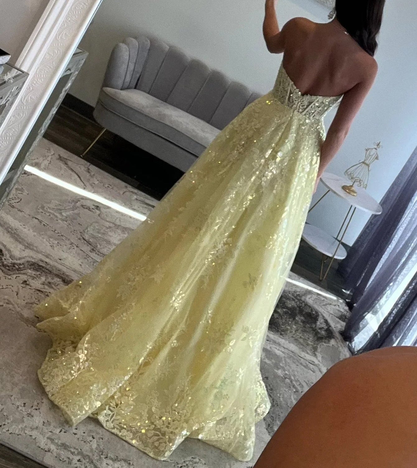 Lace Embroidery Cut Out Ball Gown Prom Dress With Pocket - Yellow