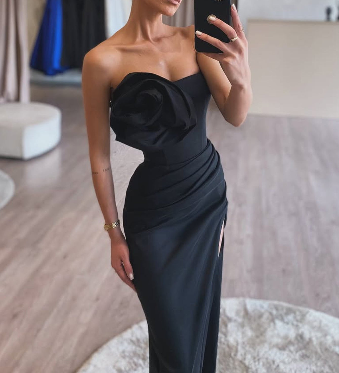Removable Handmade Flower Strapless Long Prom Dress - Black