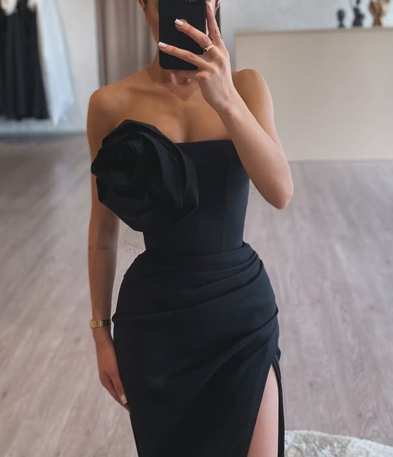 Removable Handmade Flower Strapless Long Prom Dress - Black