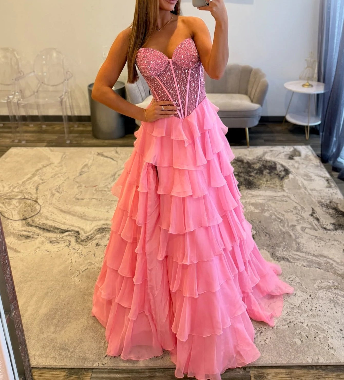 Ruffled Layered Sequin Corset Long Prom Dress - Pink