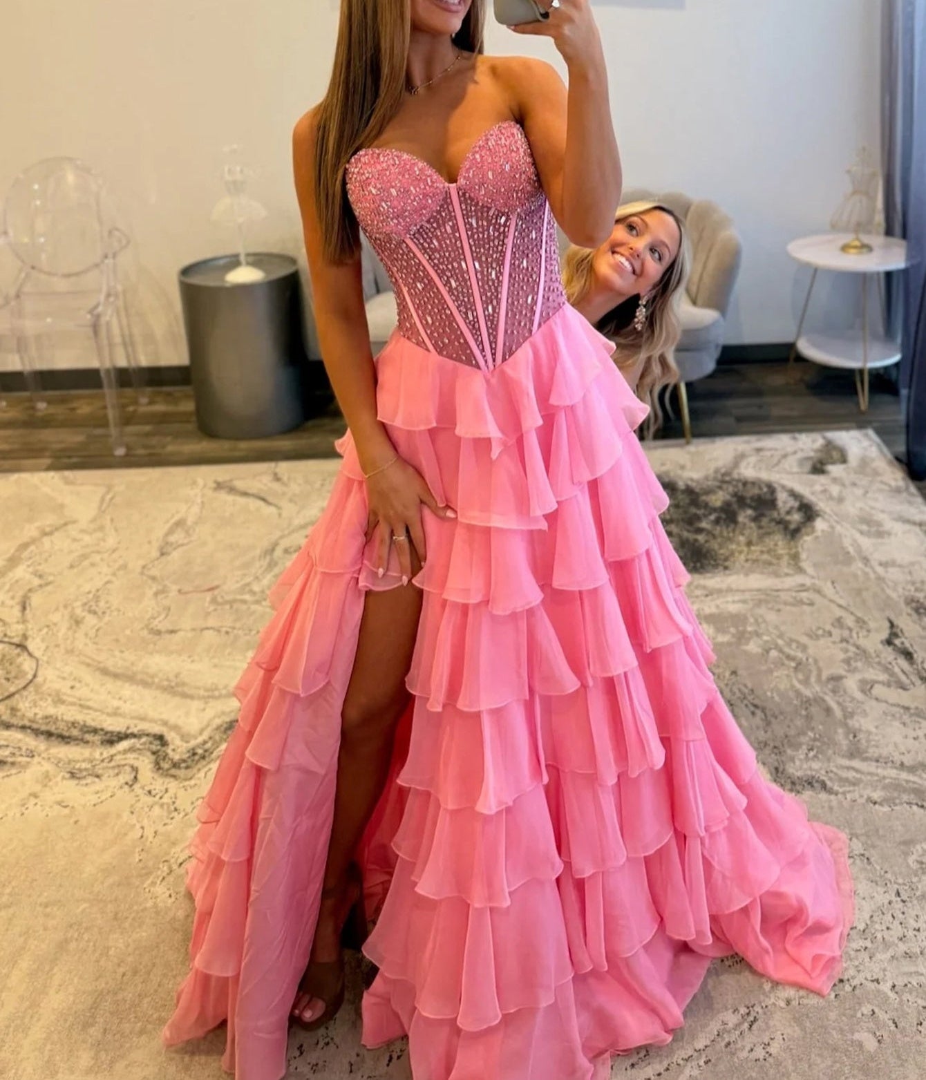 Ruffled Layered Sequin Corset Long Prom Dress - Pink