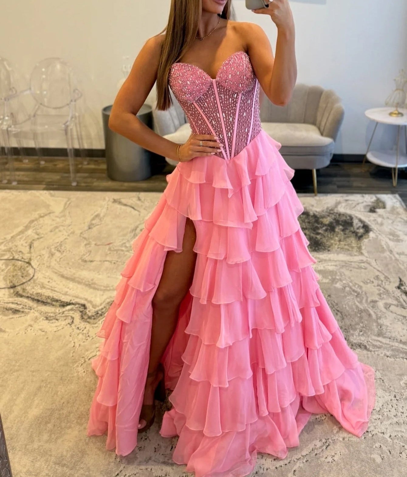 Ruffled Layered Sequin Corset Long Prom Dress - Pink