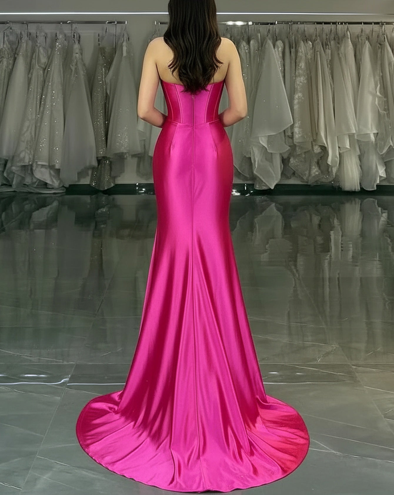 Sparkly Sweetheart Slit Mermaid Long Prom Dress With Drop - Hot Pink