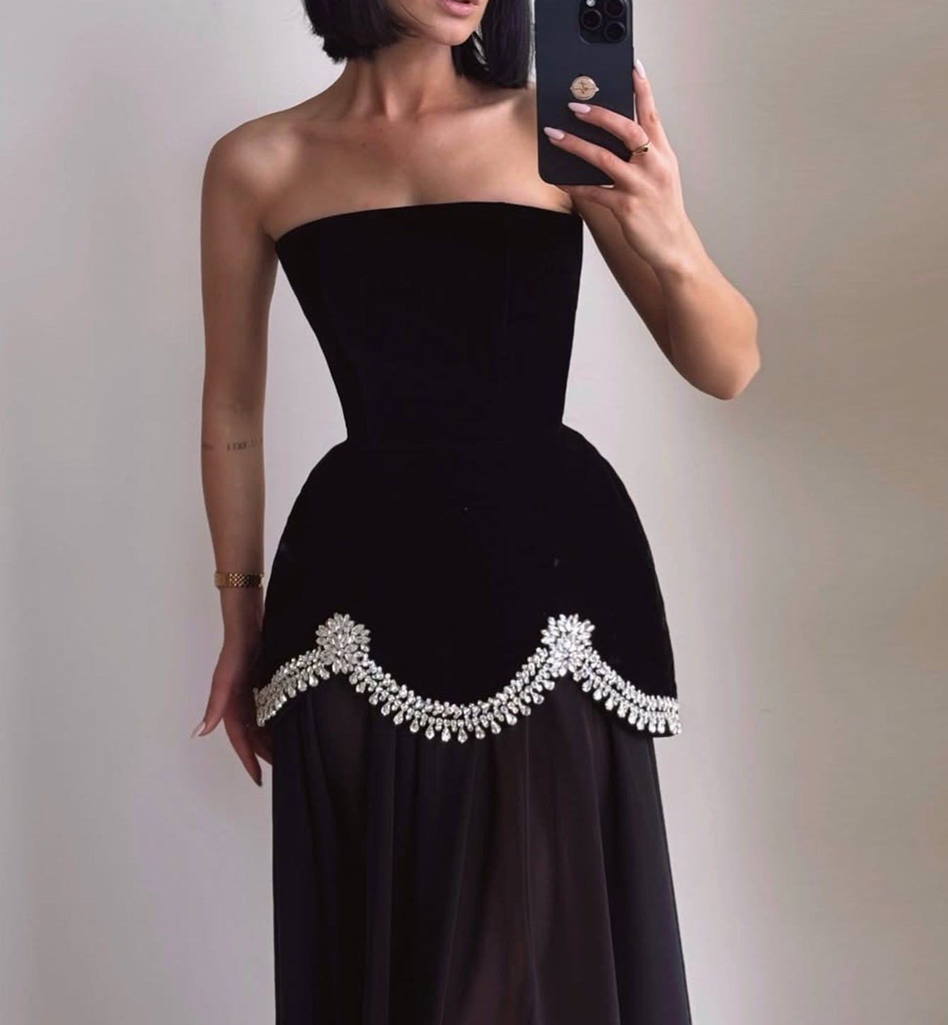 Strapless Crystal Ball Gown Prom Dress - Black