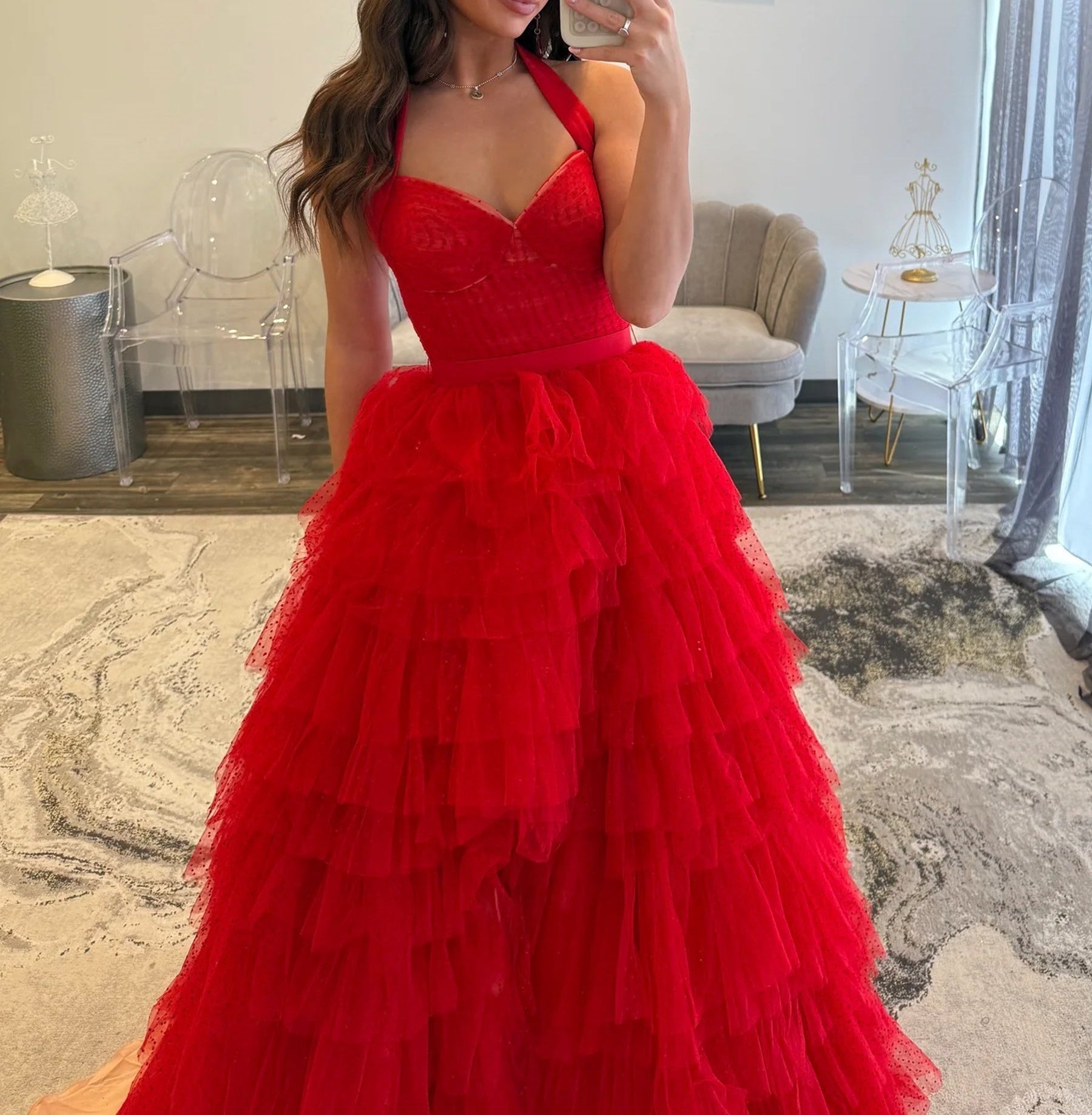Sweetheart Red Polka Dot Ball Gown Prom Dress With Belt - Red