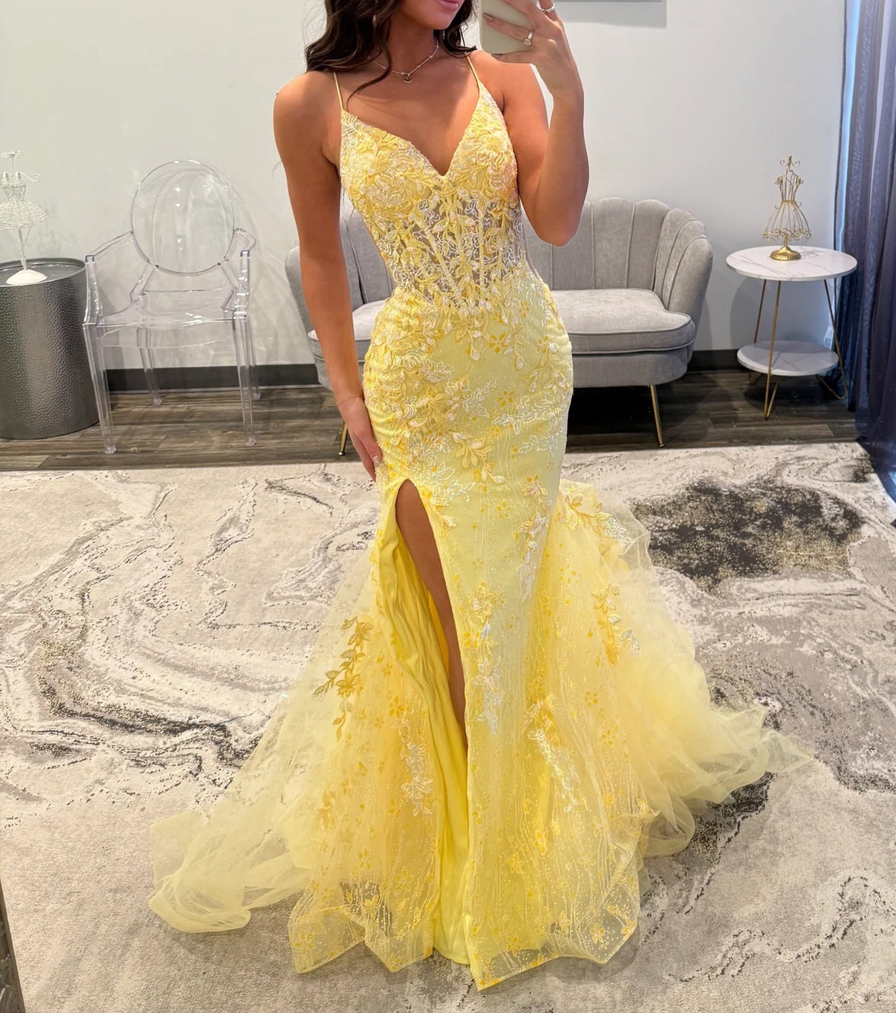 Lace Embroidery Illusion Mermaid Long Prom Dress - Yellow