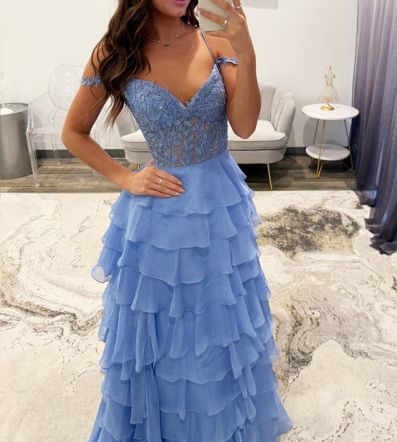 Lace Illusion Ruffle Tiered Ball Gown Prom Dress - Blue