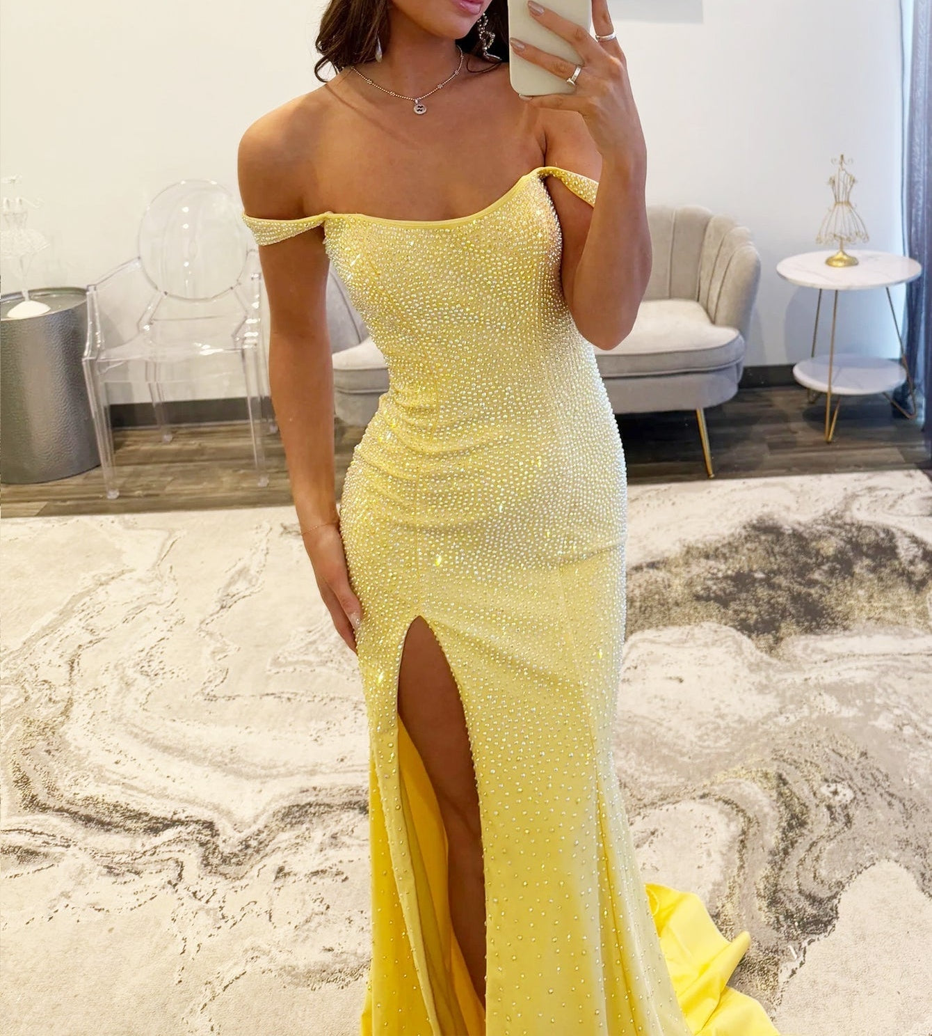 Luxury Crystal Off Shoulder Mermaid Prom Dress - Yellow