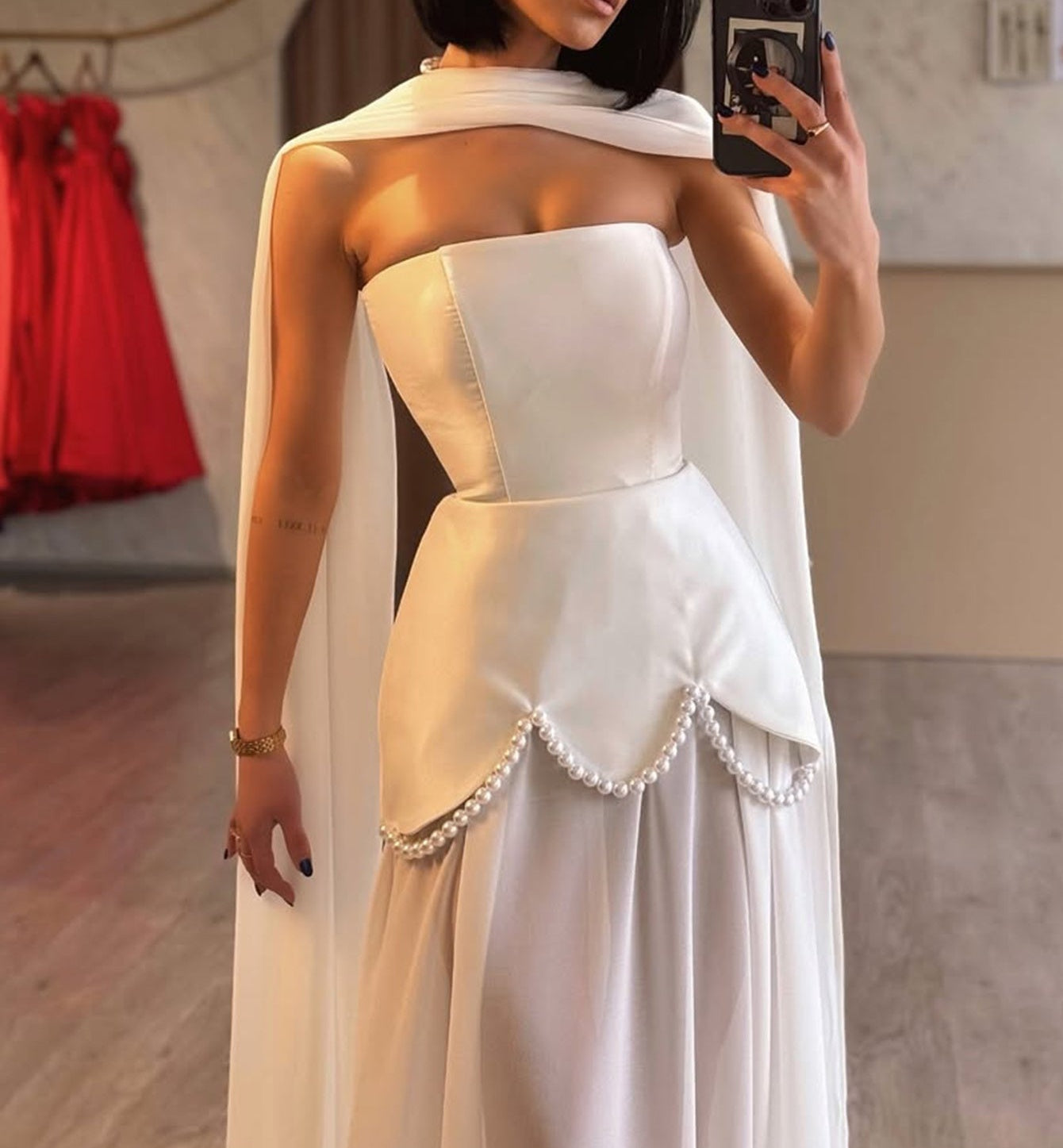 Hand Beading Strapless Two Pieces Pearl Prom Dress With Shawl - White