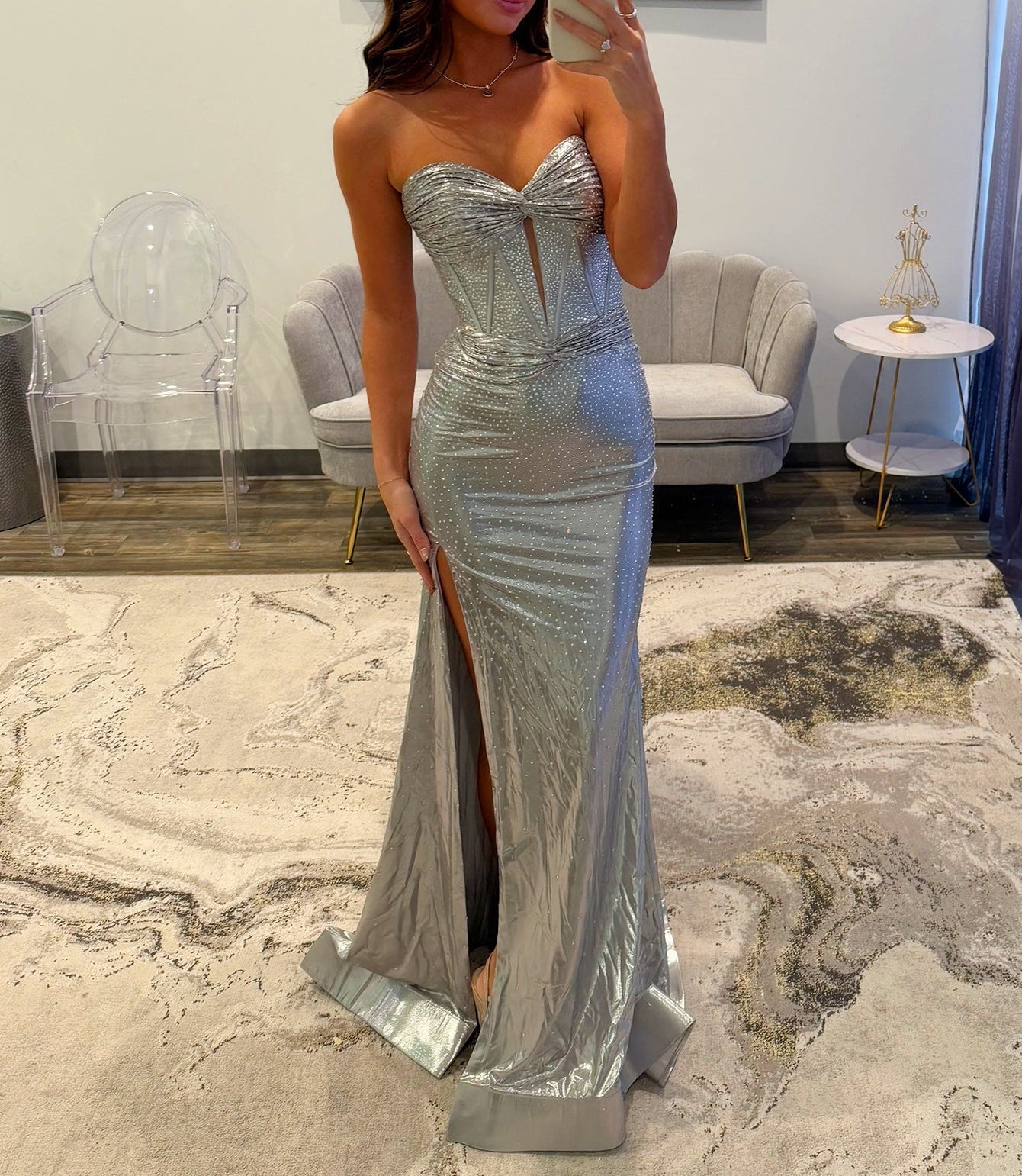 Cut Front Crystal Bodice Mermaid Long Prom Dress - Silver