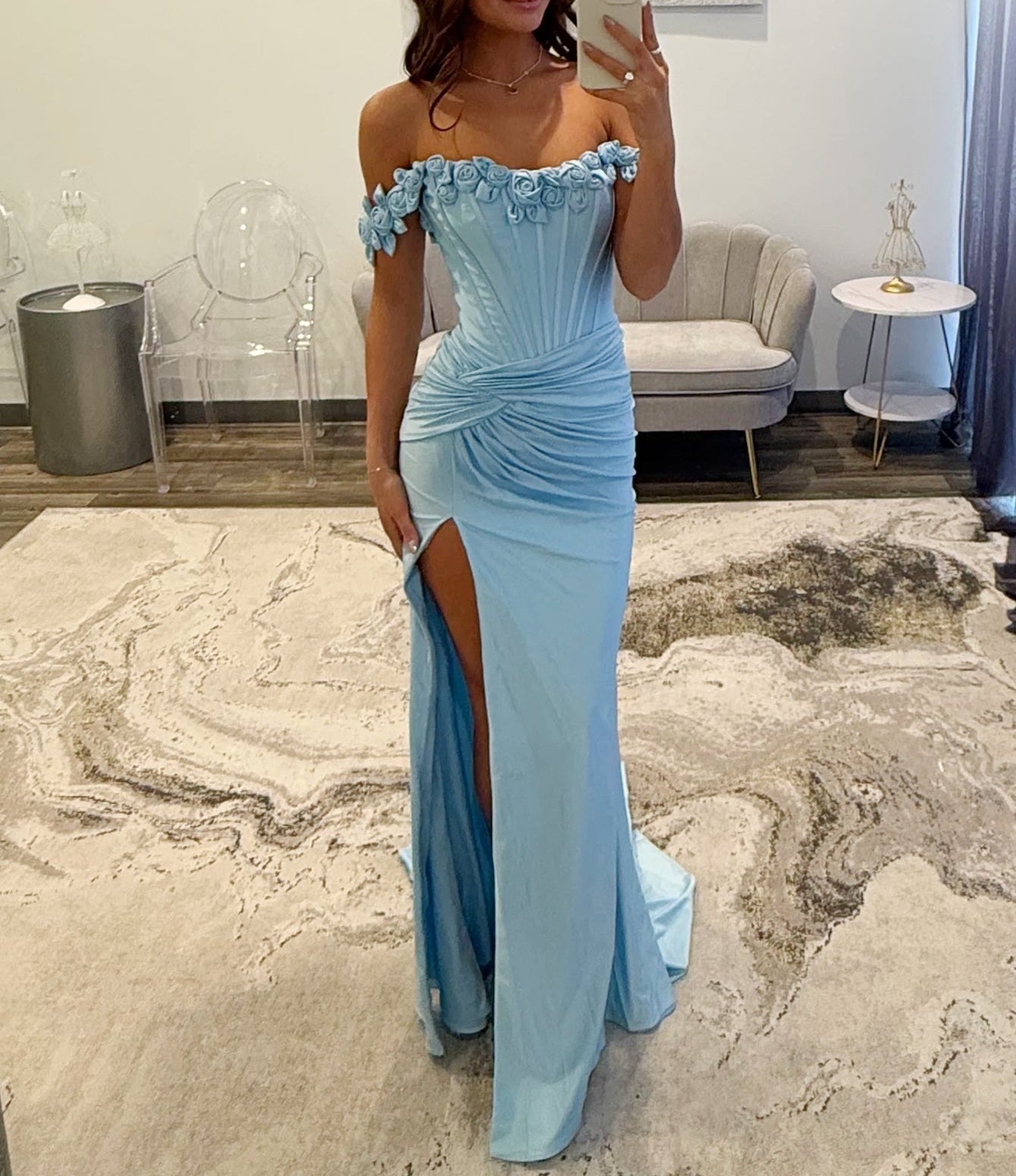 3D Rose Off Shoulder Pleated Mermaid Prom Dress