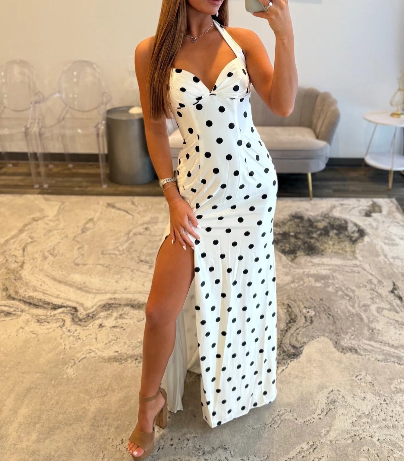 Sweetheart Halter Sheath Black Polka Dot Prom Dress