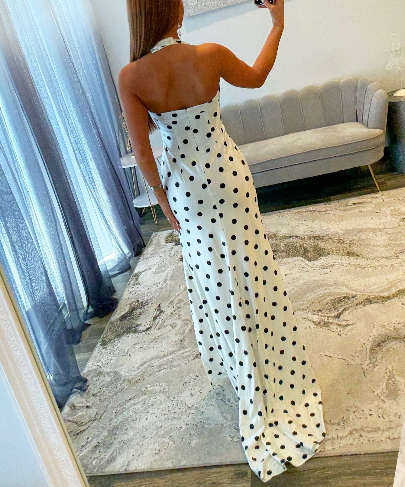 Sweetheart Halter Sheath Black Polka Dot Prom Dress - Black