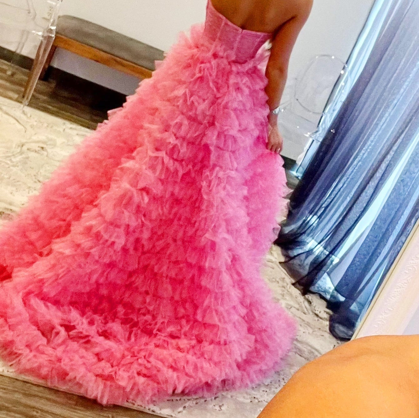 Cut Front 3D Rose Ruffle Ball Gown Prom Dress - Hot Pink