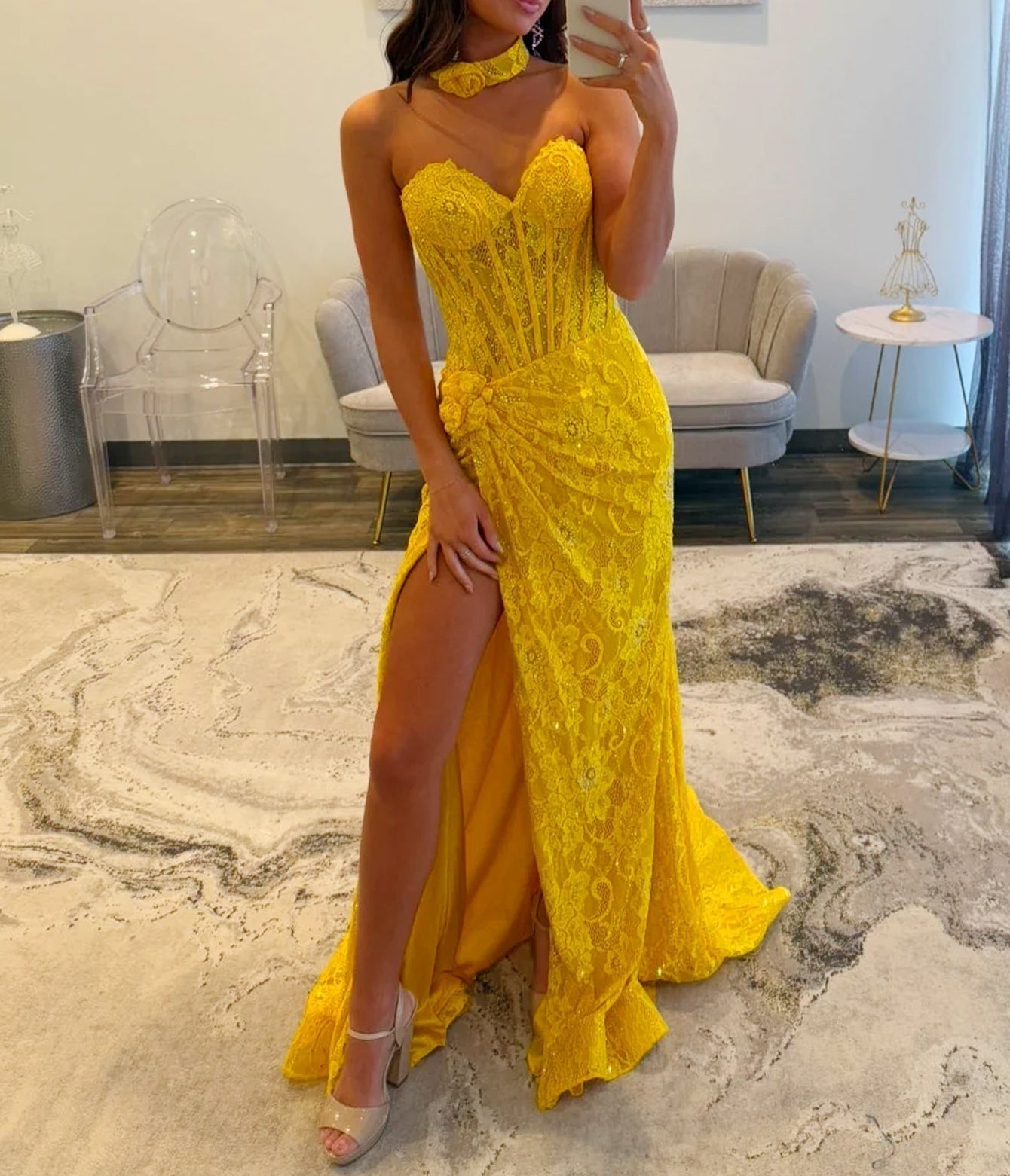 Hand Made Flower Lace Mermaid Prom Dress - Yellow