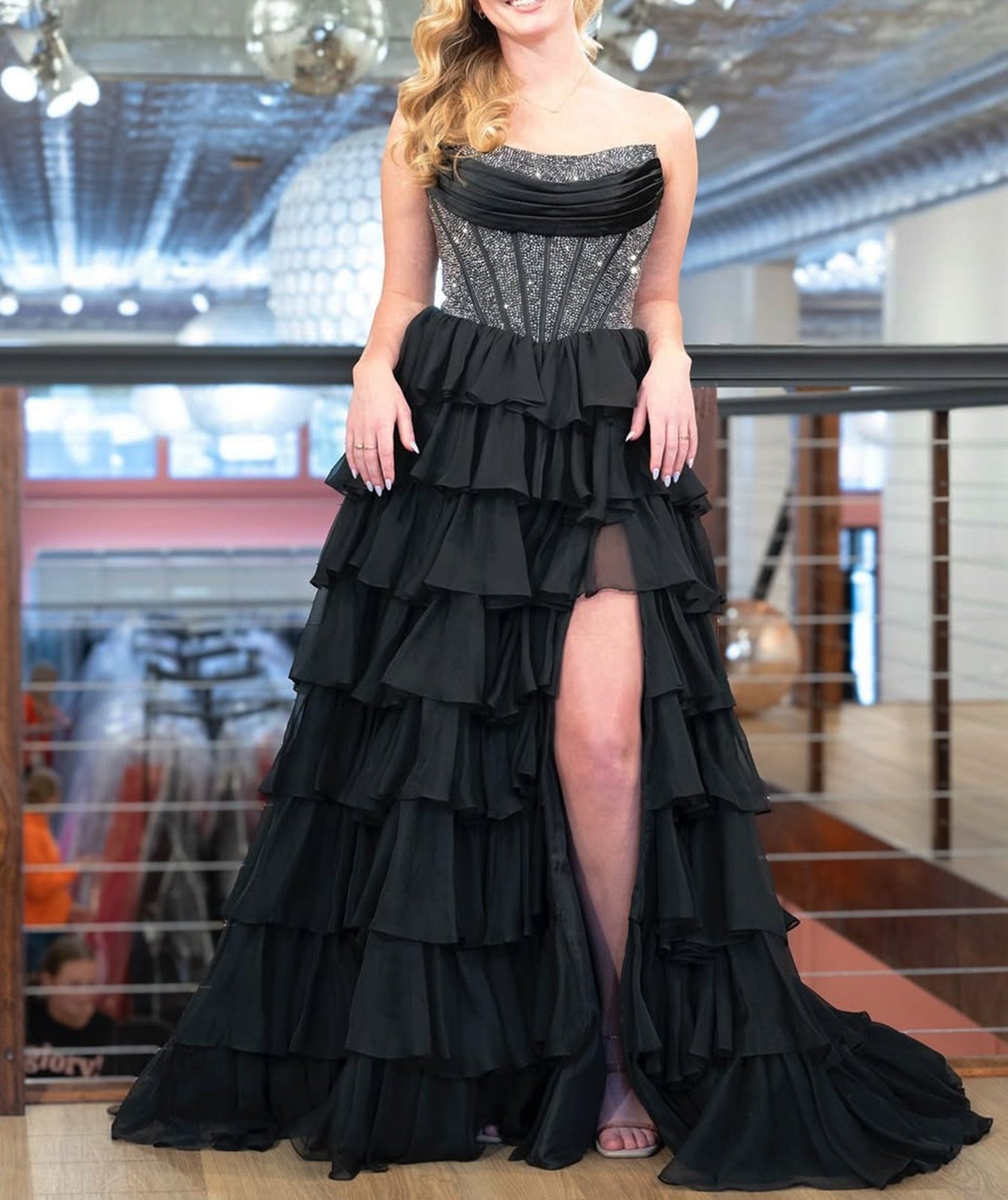 Layered Luxury Crystal Boned Bodice Ball Gown Prom Dress - Black