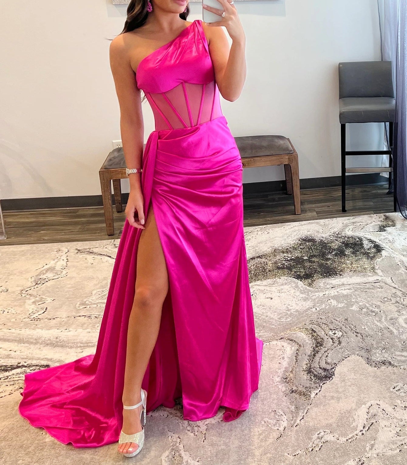 One Shoulder Boned Prom Dress With Waist Drop - Hot Pink