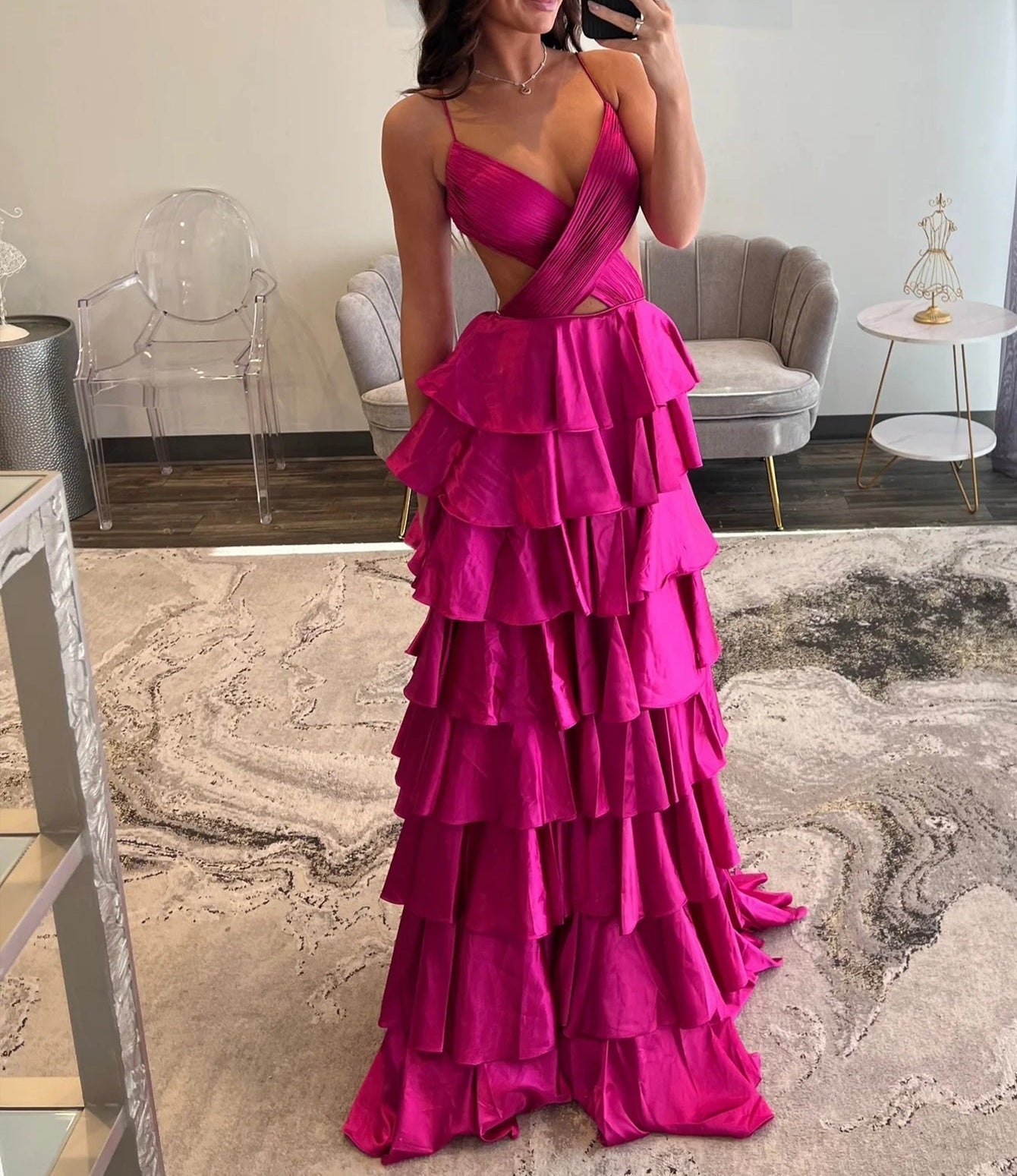 Cut Side Cross Pleated Ruffle Ball Gown Prom Dress - Fuchsia