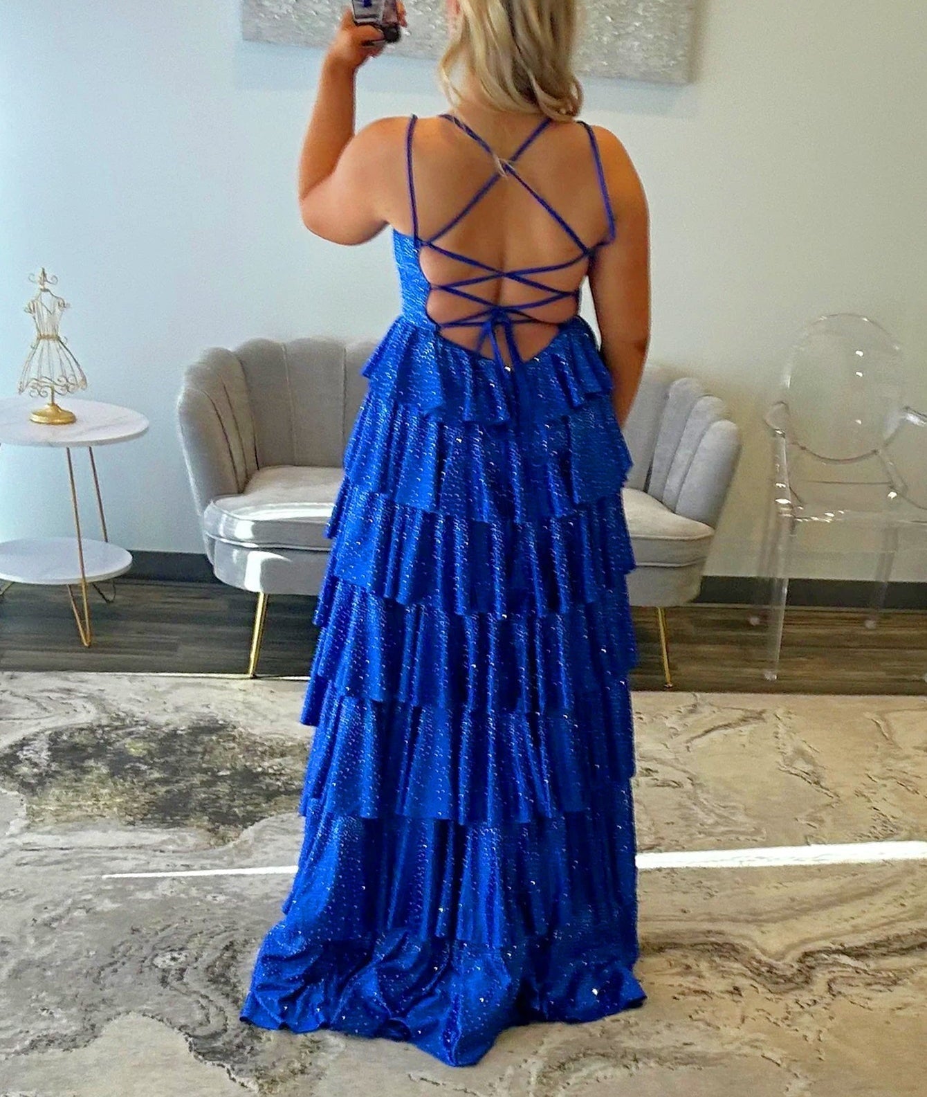 Luxury Crystal Layered Ball Gown Prom Dress - Royal Blue