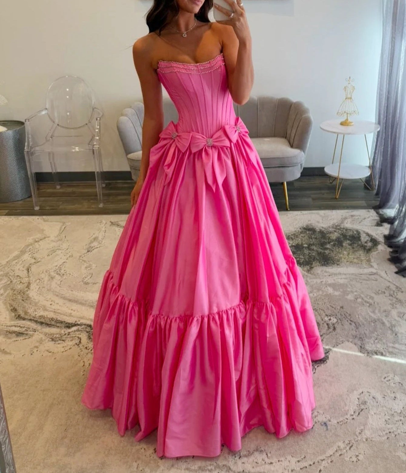 Crystal Boned Ball Gown Prom Dress With Bows - Hot Pink