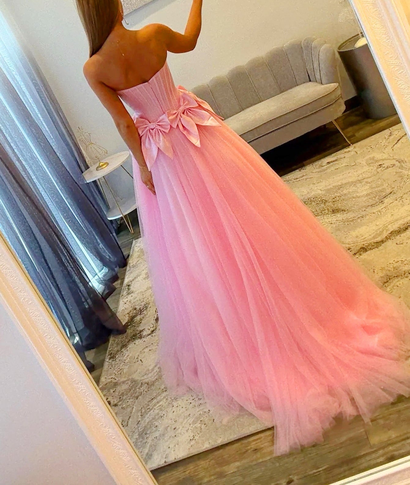 Strapless Bows Boned Ball Gown Prom Dress - Pink
