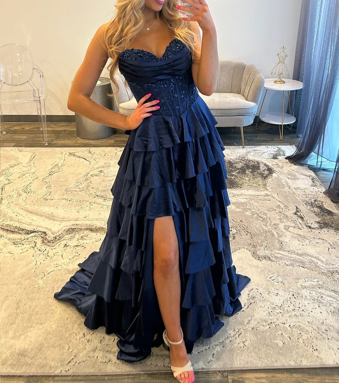 Lace Embroidery Boned Layered Ball Gown Prom Dress - Dark Blue