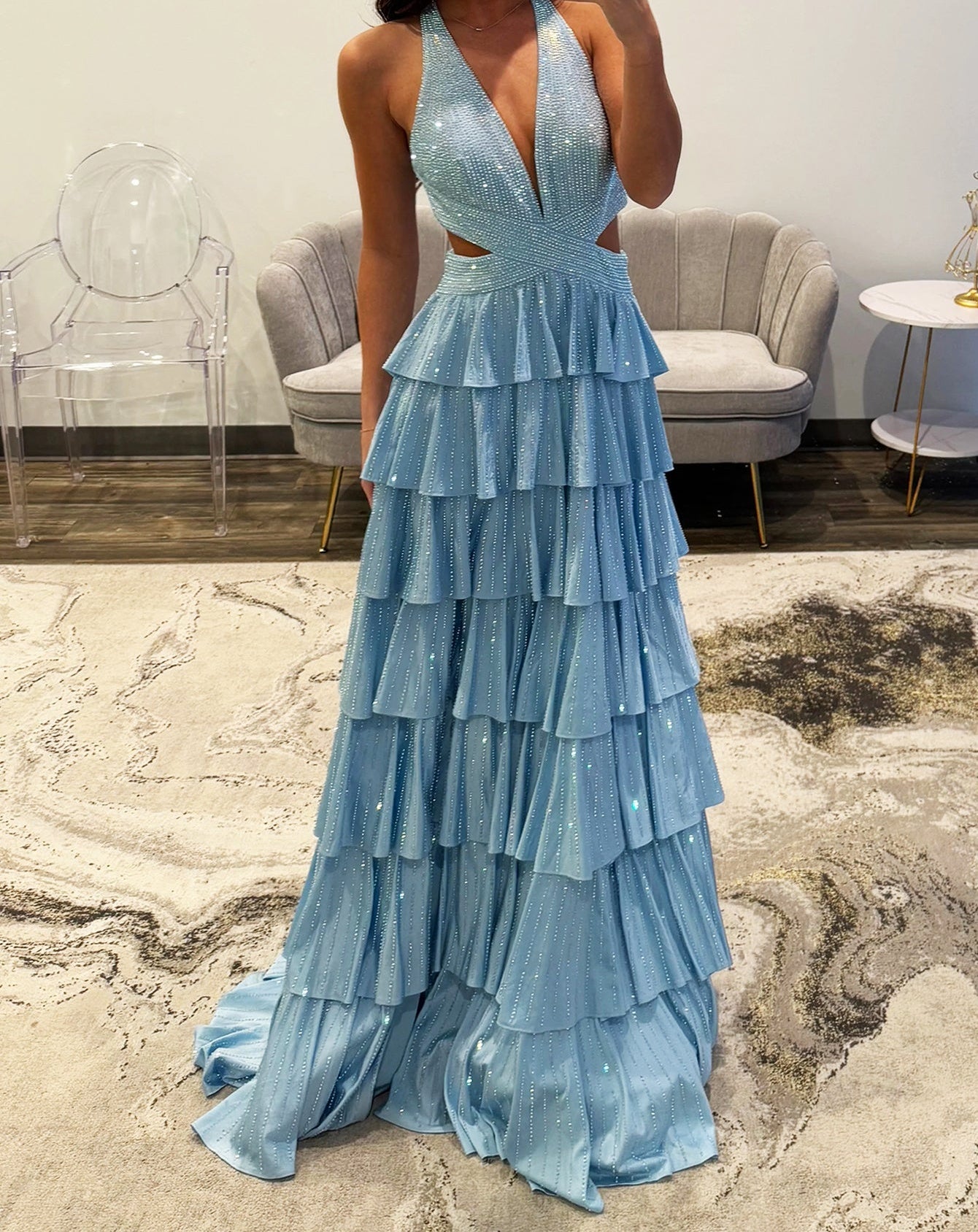 Cut Waist Halter Crystal Ruffle Ball Gown Prom Dress - Sky Blue