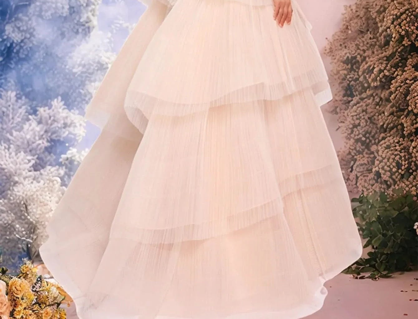 Off Shoulder Ball Gown Floral Evening Dress With Ruffle Hem - Champagne