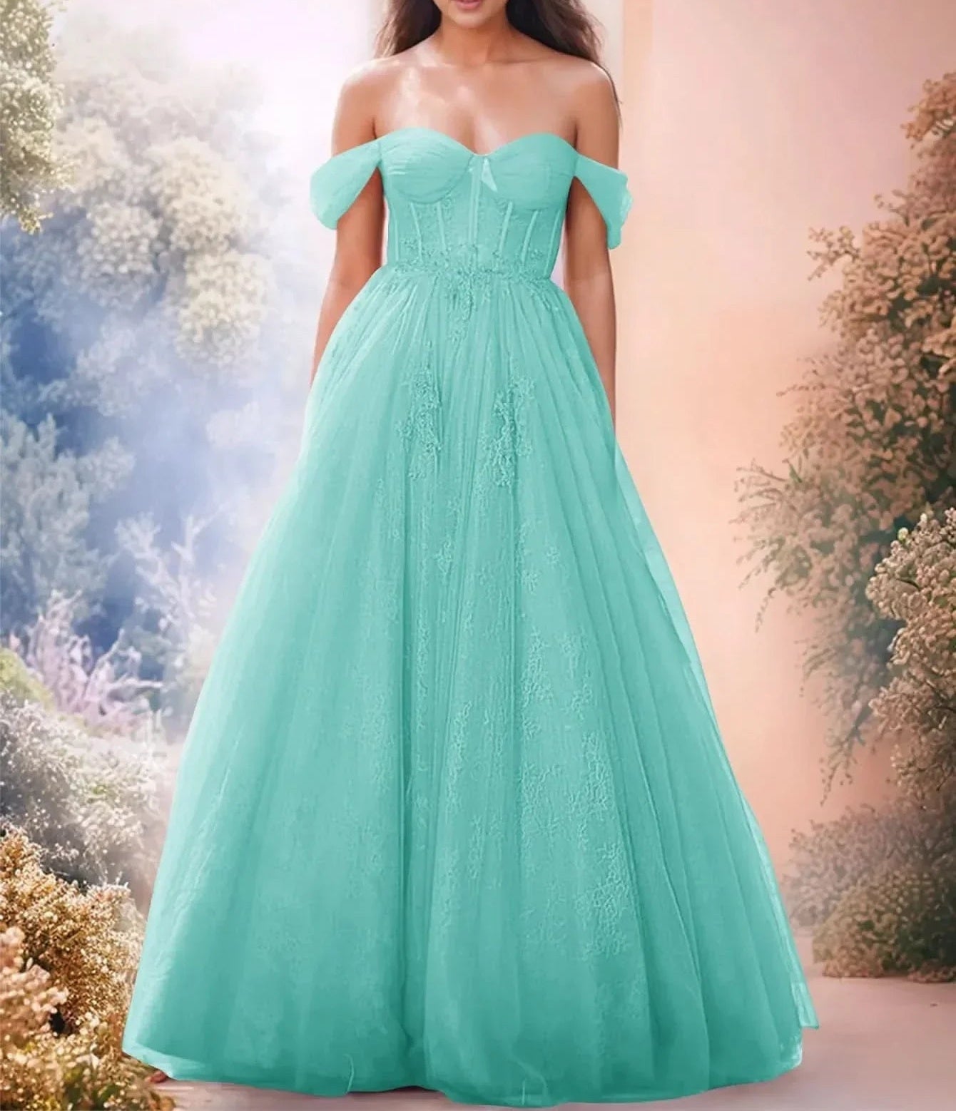 Off Shoulder Bodice Embroidery Lace Ball Gown Evening Dress