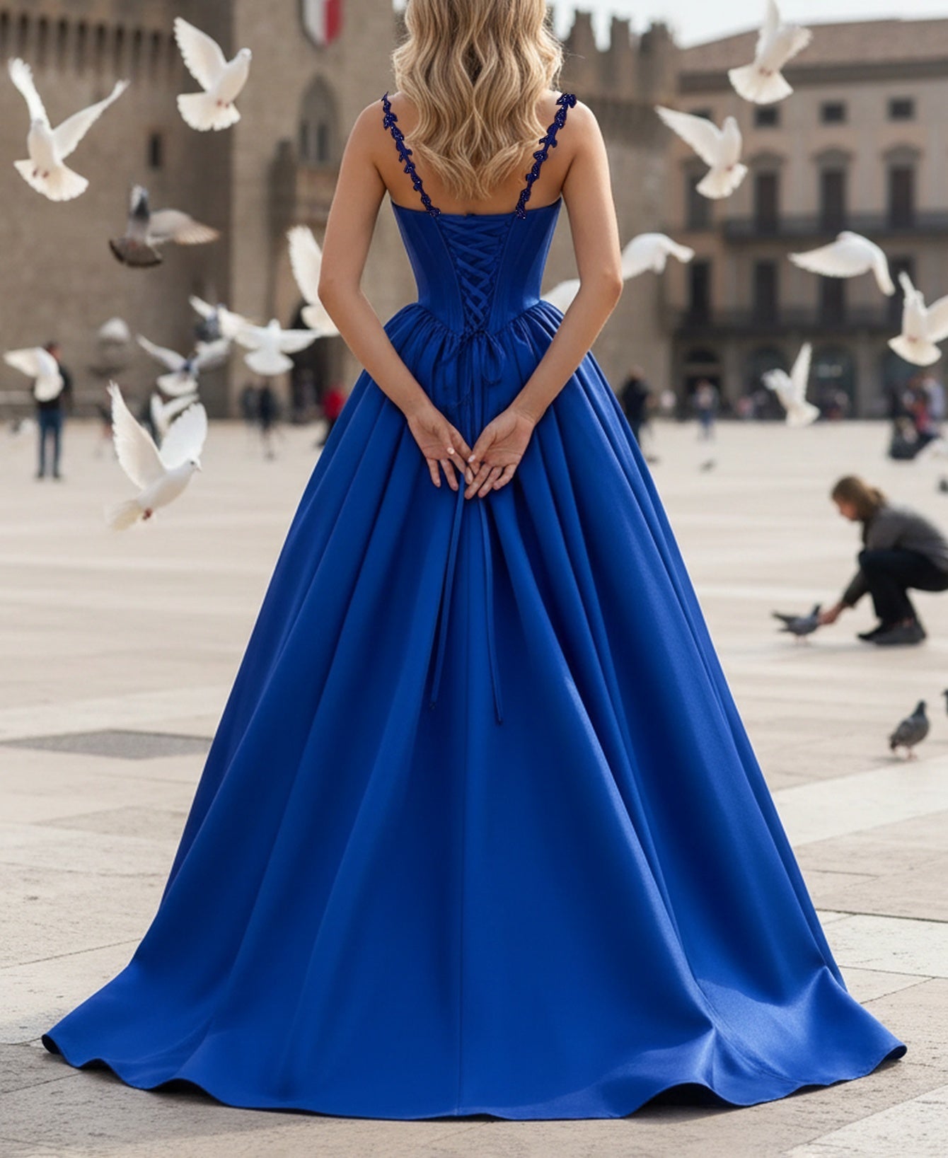 Spaghetti Straps Bodice Ball Gown Evening Dress - Royal Blue