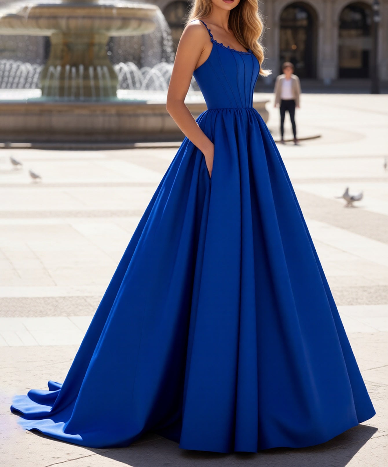 Spaghetti Straps Bodice Ball Gown Evening Dress - Royal Blue