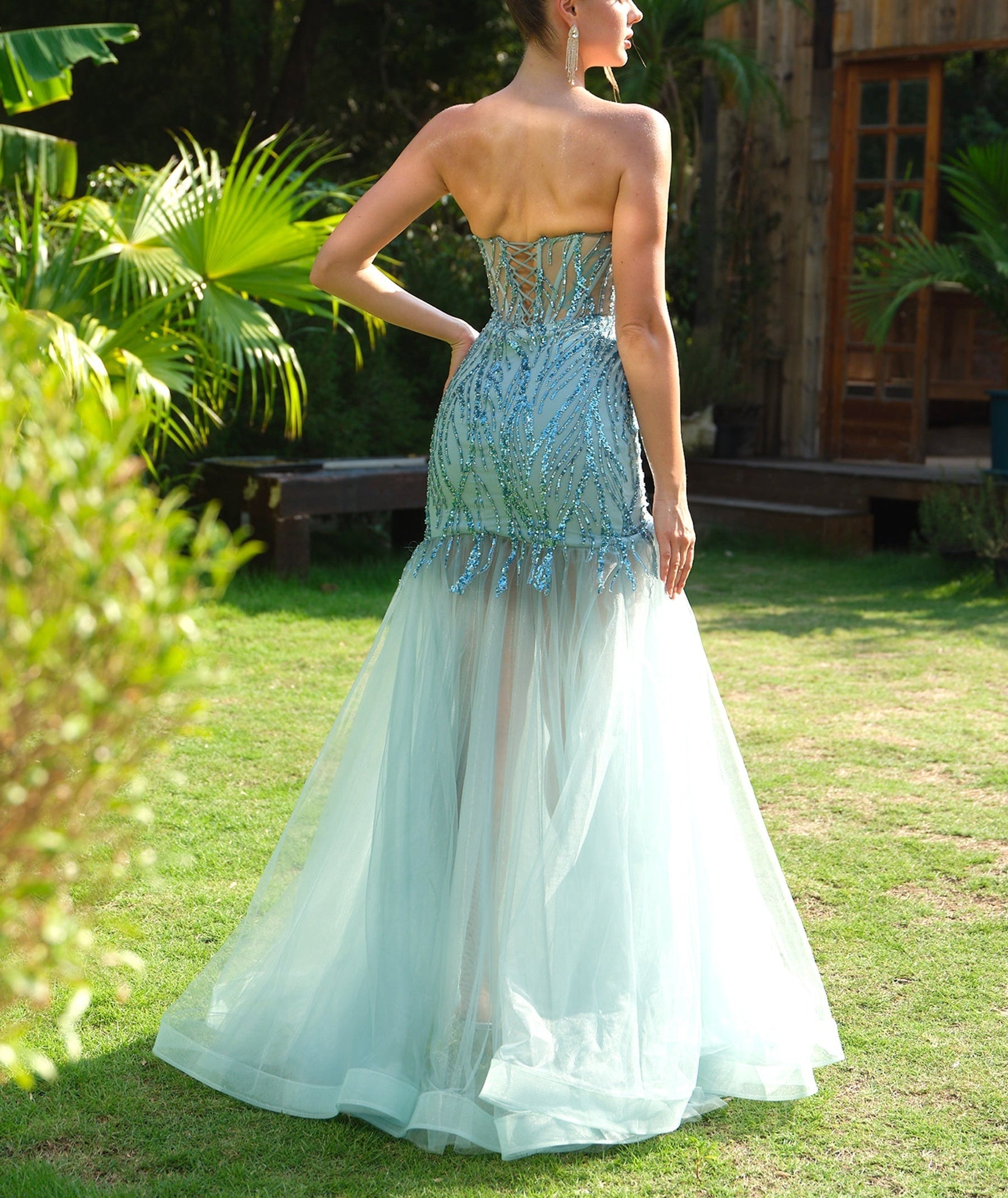 Sparkly Sequin Evening Dress with Lace Up Back - Blue