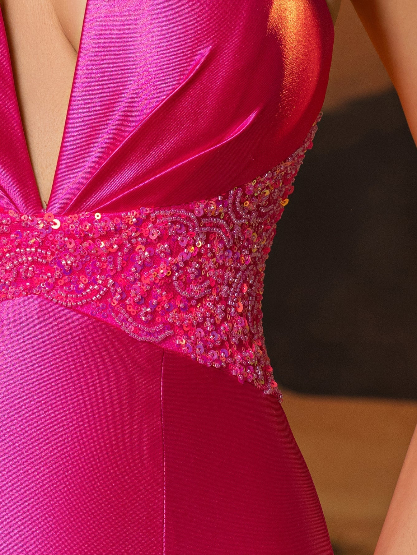 Halter Cut Front Lace Embroidery Mermaid Satin Prom Dress - Hot Pink