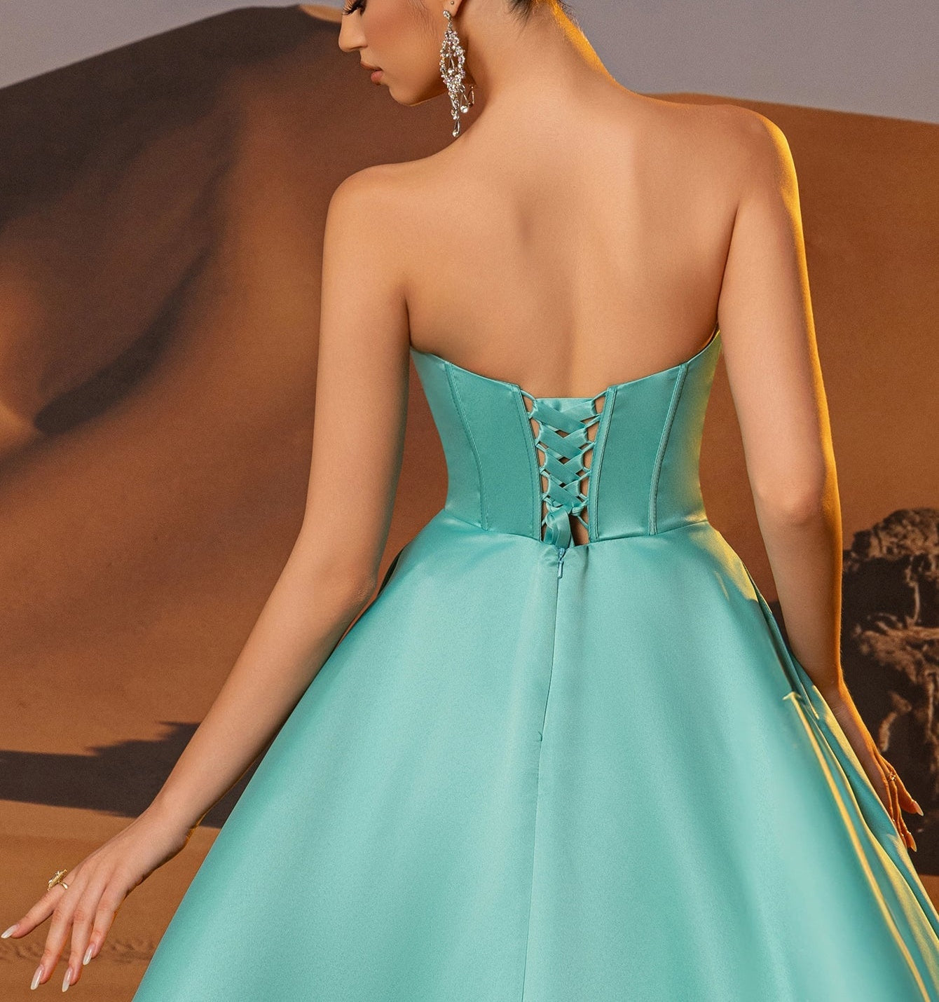 Boned Sparkly Lace A-Line Prom Dress With Pocket - Cyan