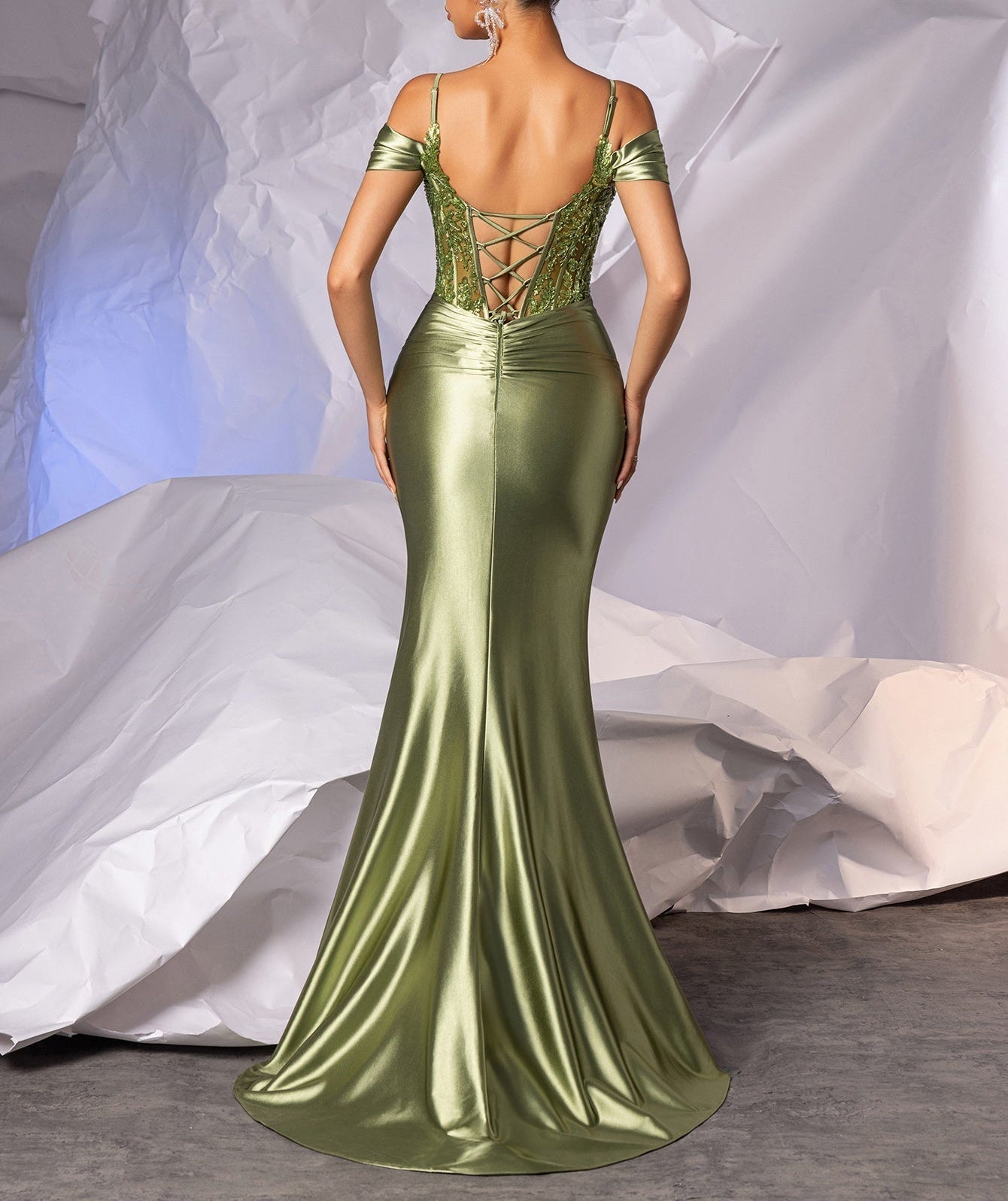 Off Shoulder Pleated Lace Embroidery Mermaid Prom Dress - Sage Green