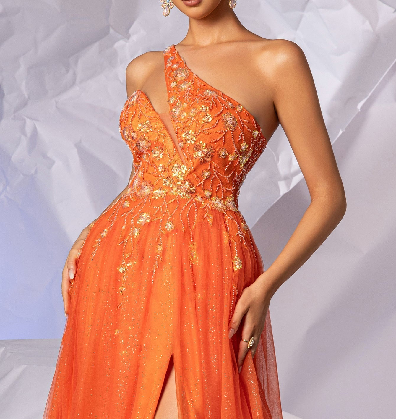 Asymmetrical Sparkly Lace Prom Dress Long - Orange