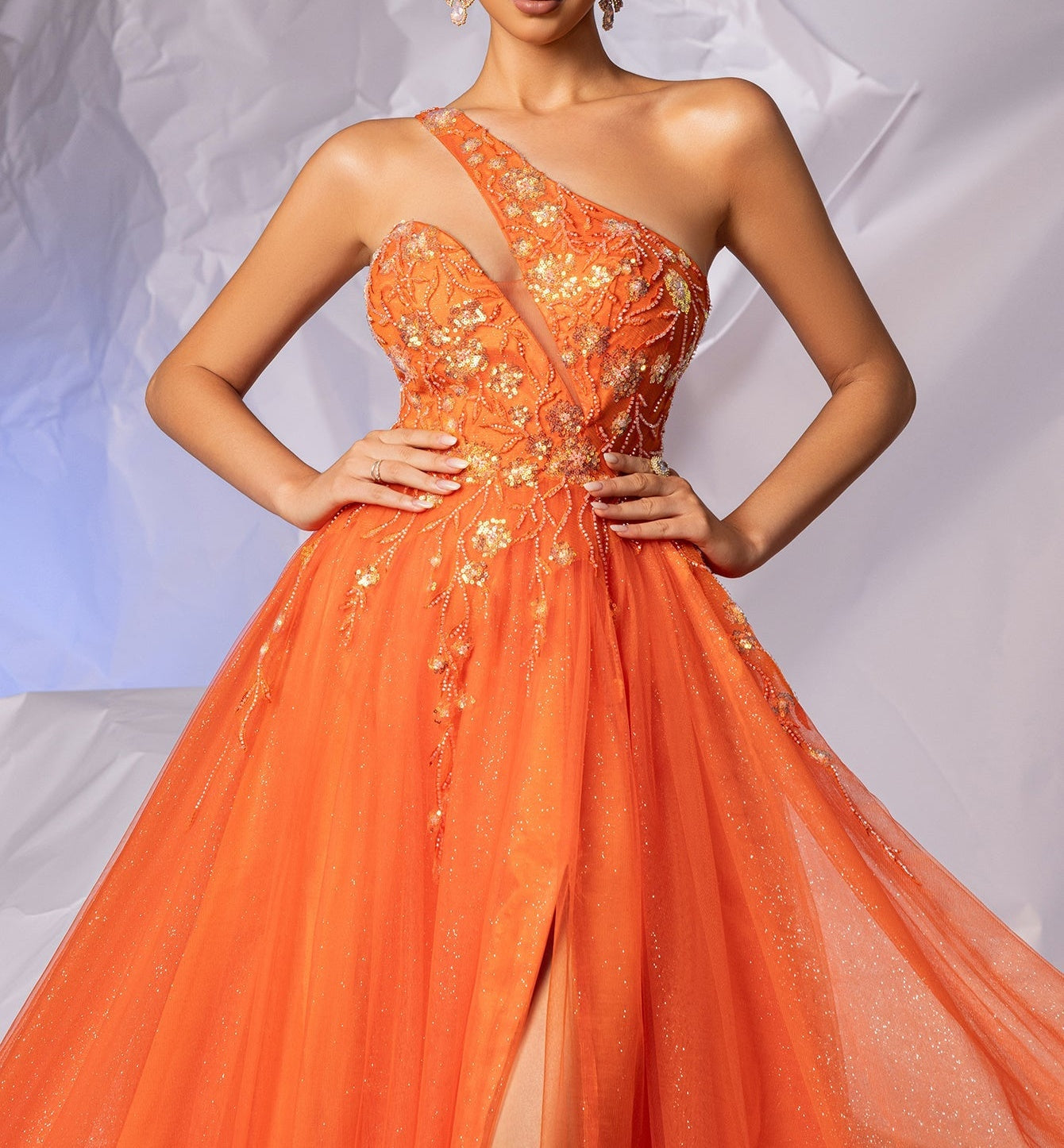 Asymmetrical Sparkly Lace Prom Dress Long - Orange