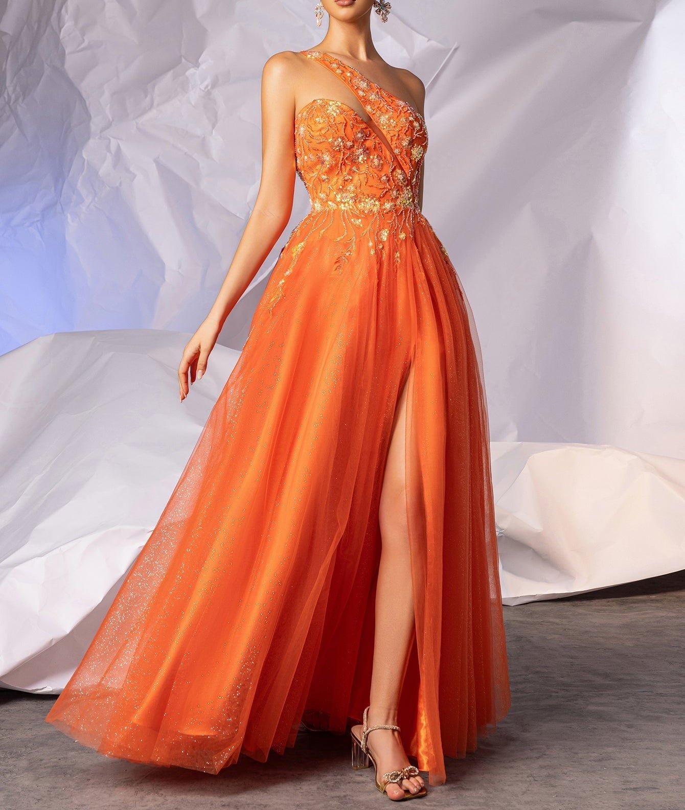 Asymmetrical Sparkly Lace Prom Dress Long - Orange