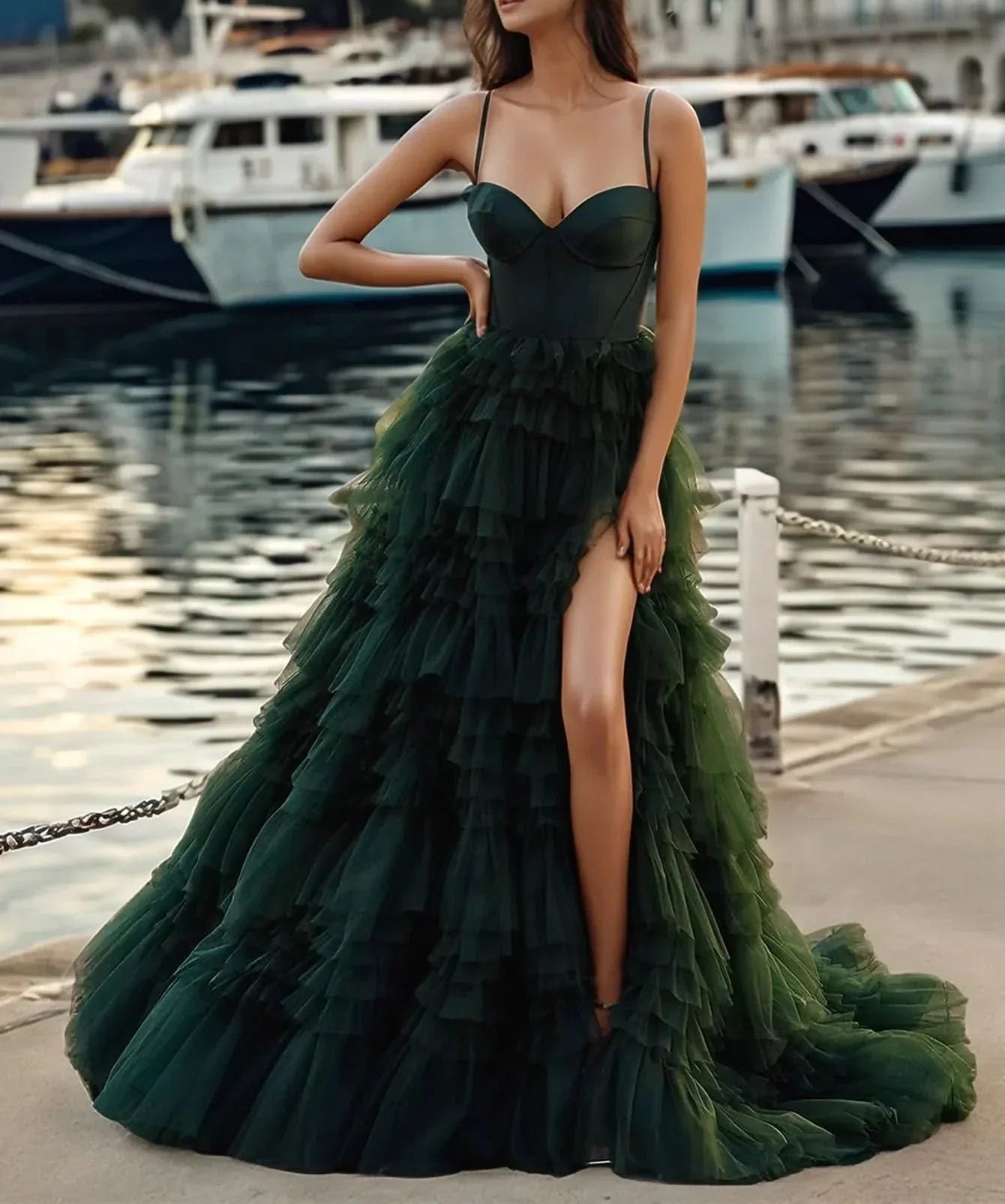 dark green ruffle prom dress Emerald Green Layered Lace Prom Dress
