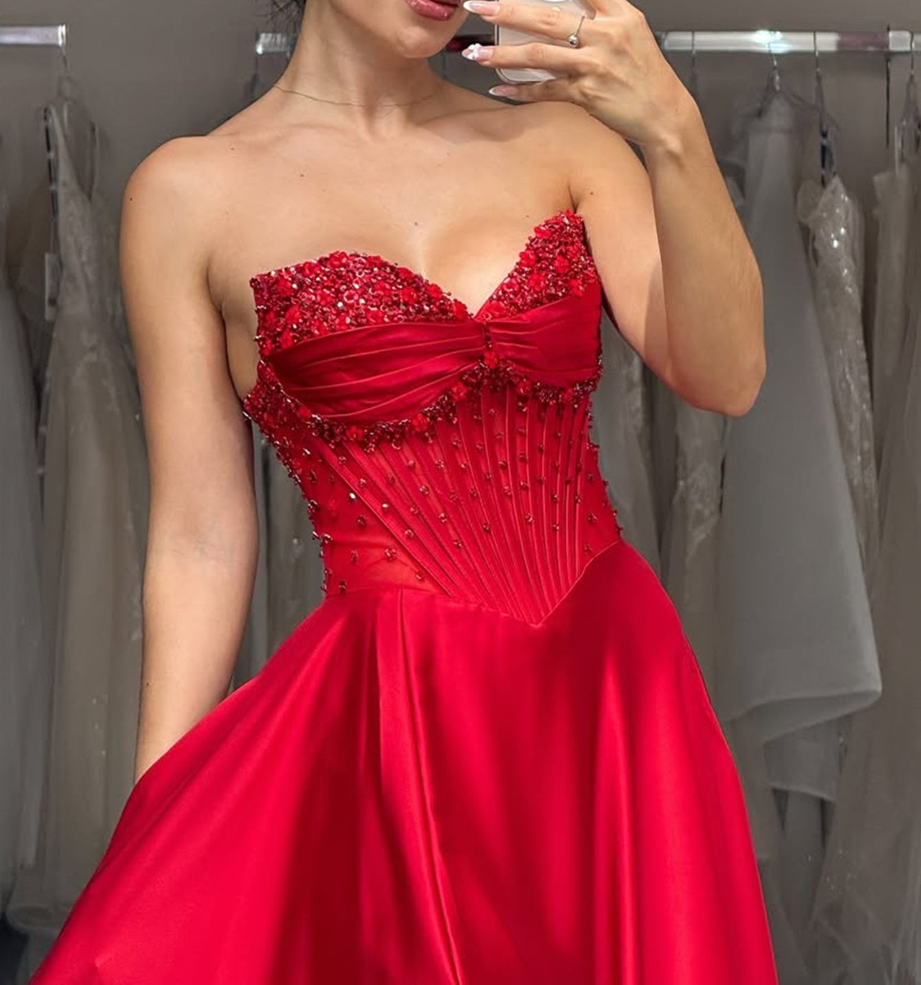 Off Shoulder Crystal Split Long Prom Dress With Pocket - Red