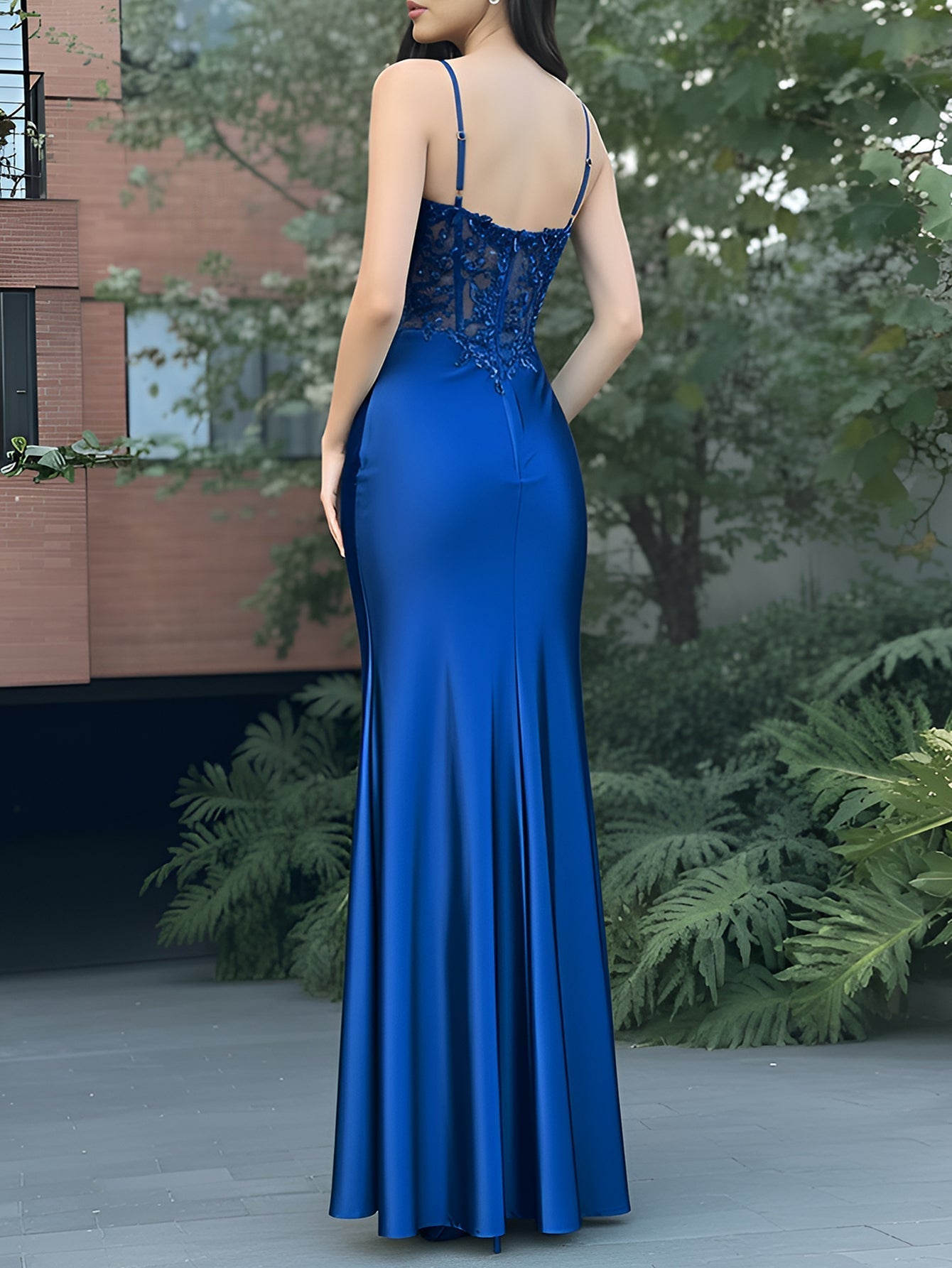 Bodice Split Sparkly Lace Mermaid Long Prom Dress - Royal Blue