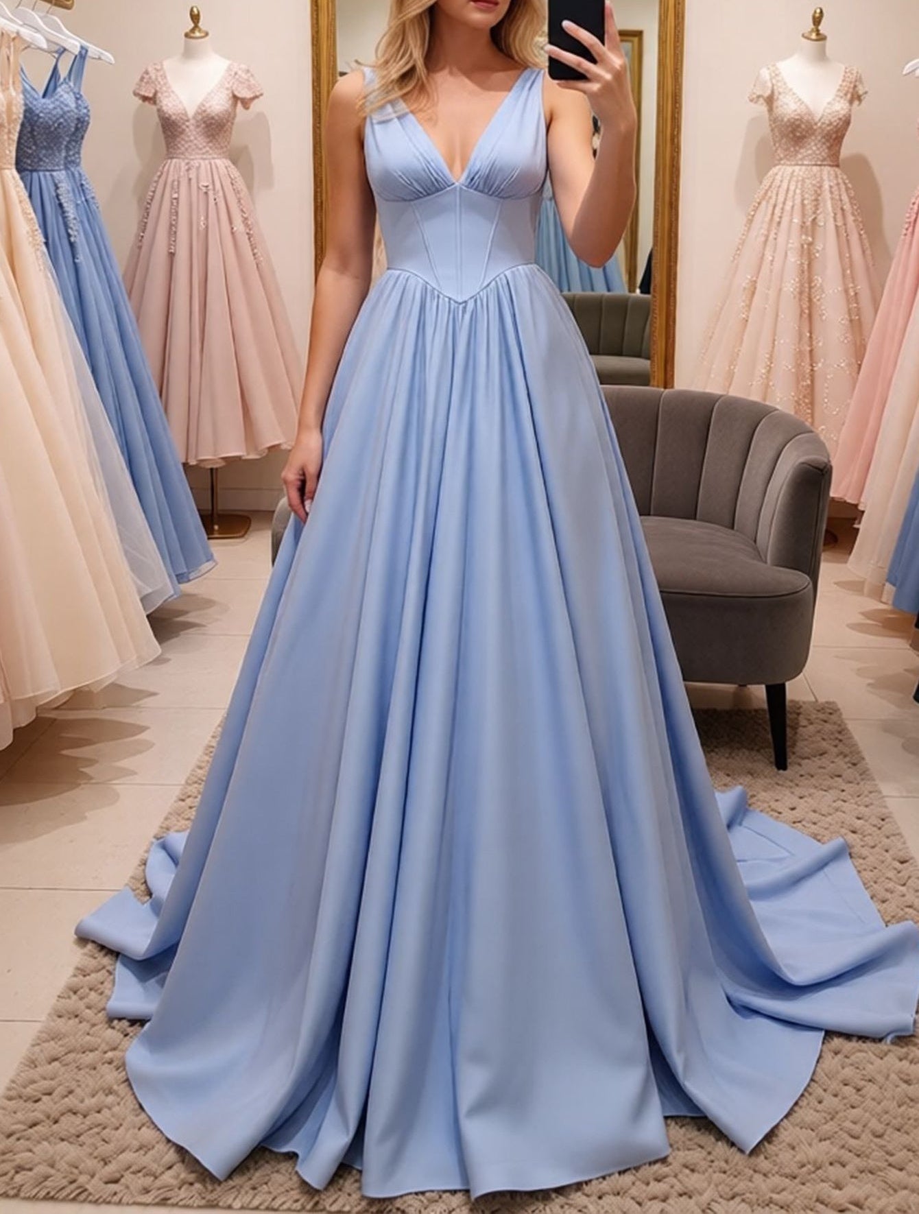 Tank Top Boned V Neck Ball Gown Prom Dress - Sky Blue