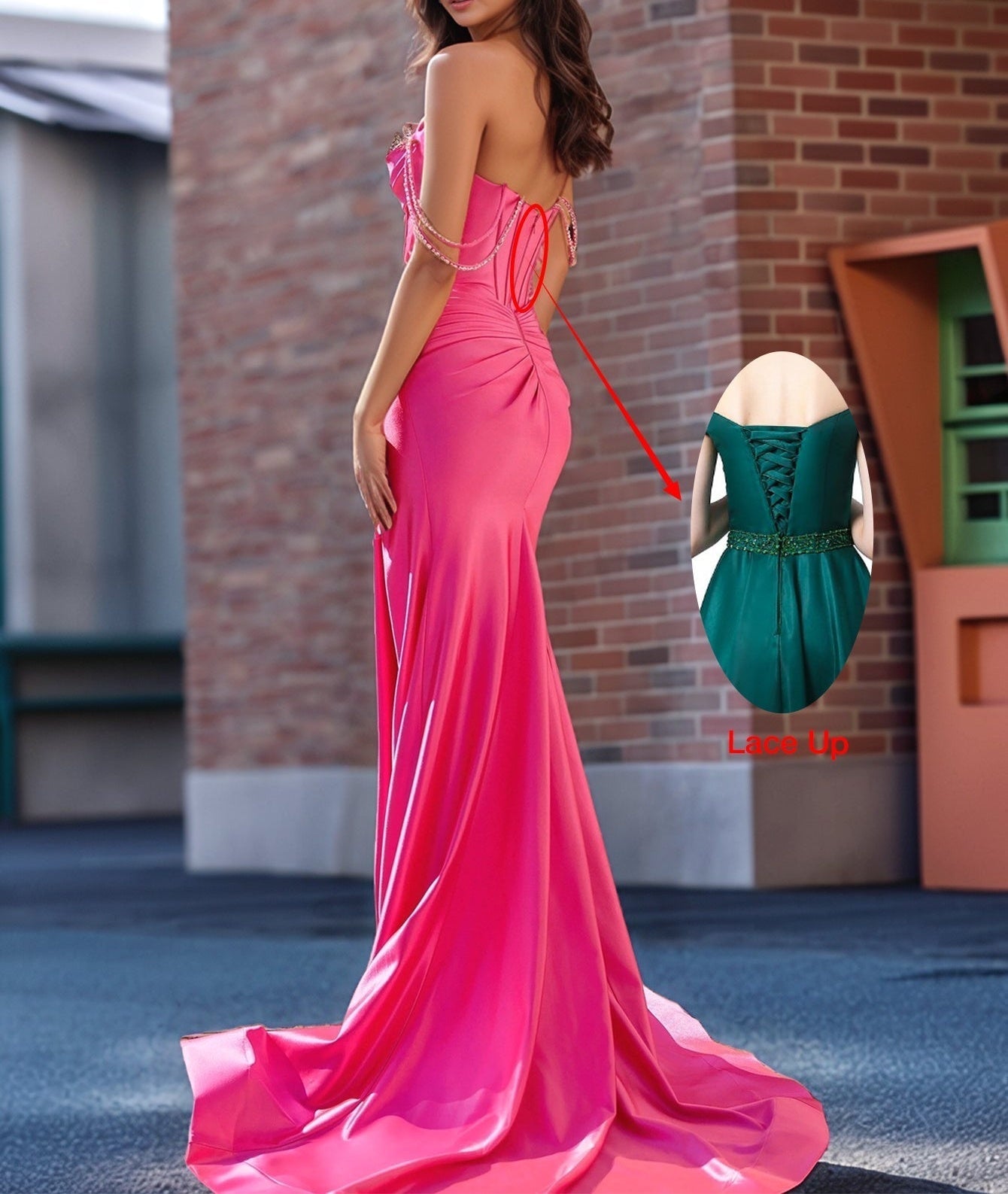 Off Shoulder Crystal Boned Mermaid Prom Dress - Hot Pink