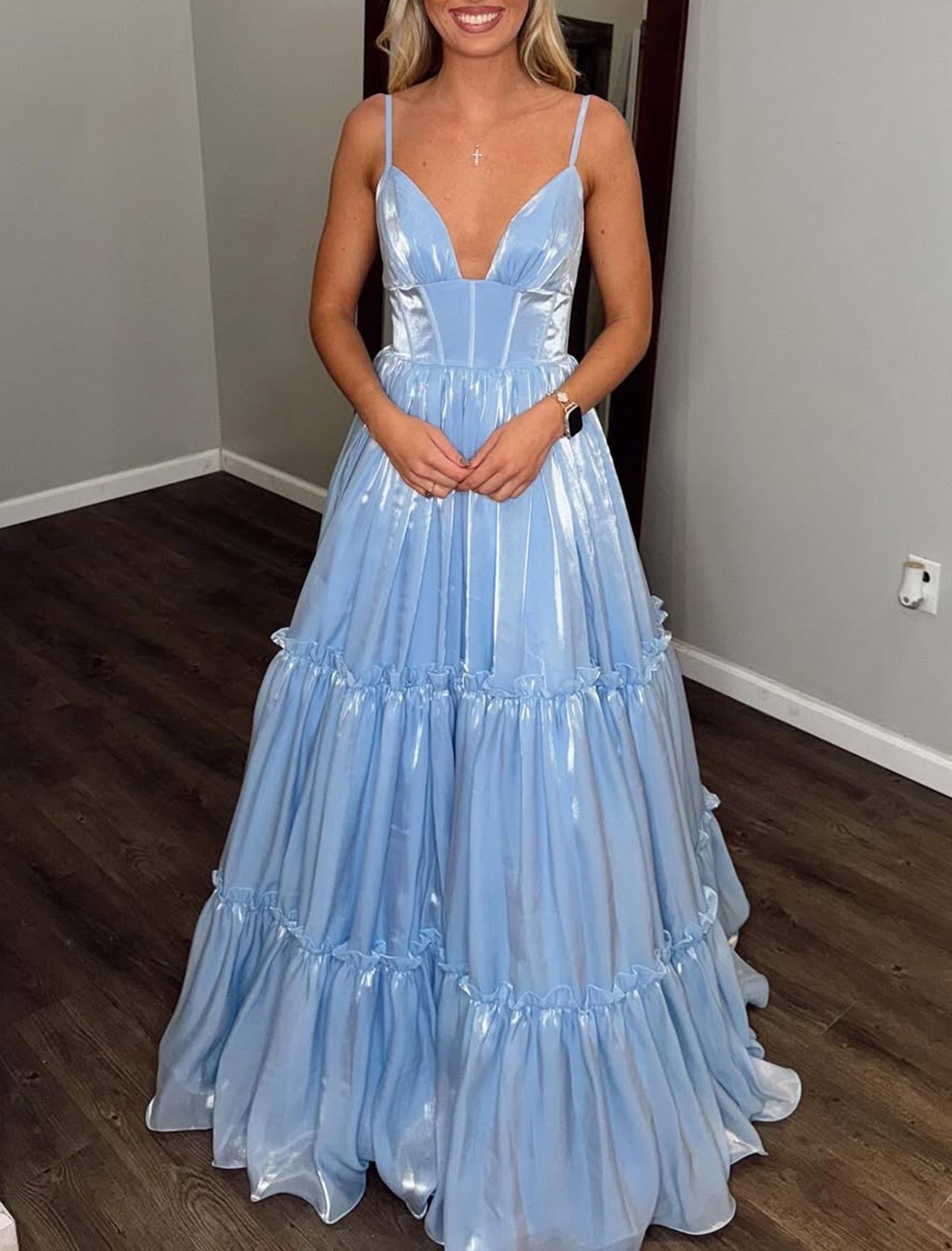 Boned Layered Satin Ball Gown Prom Dress